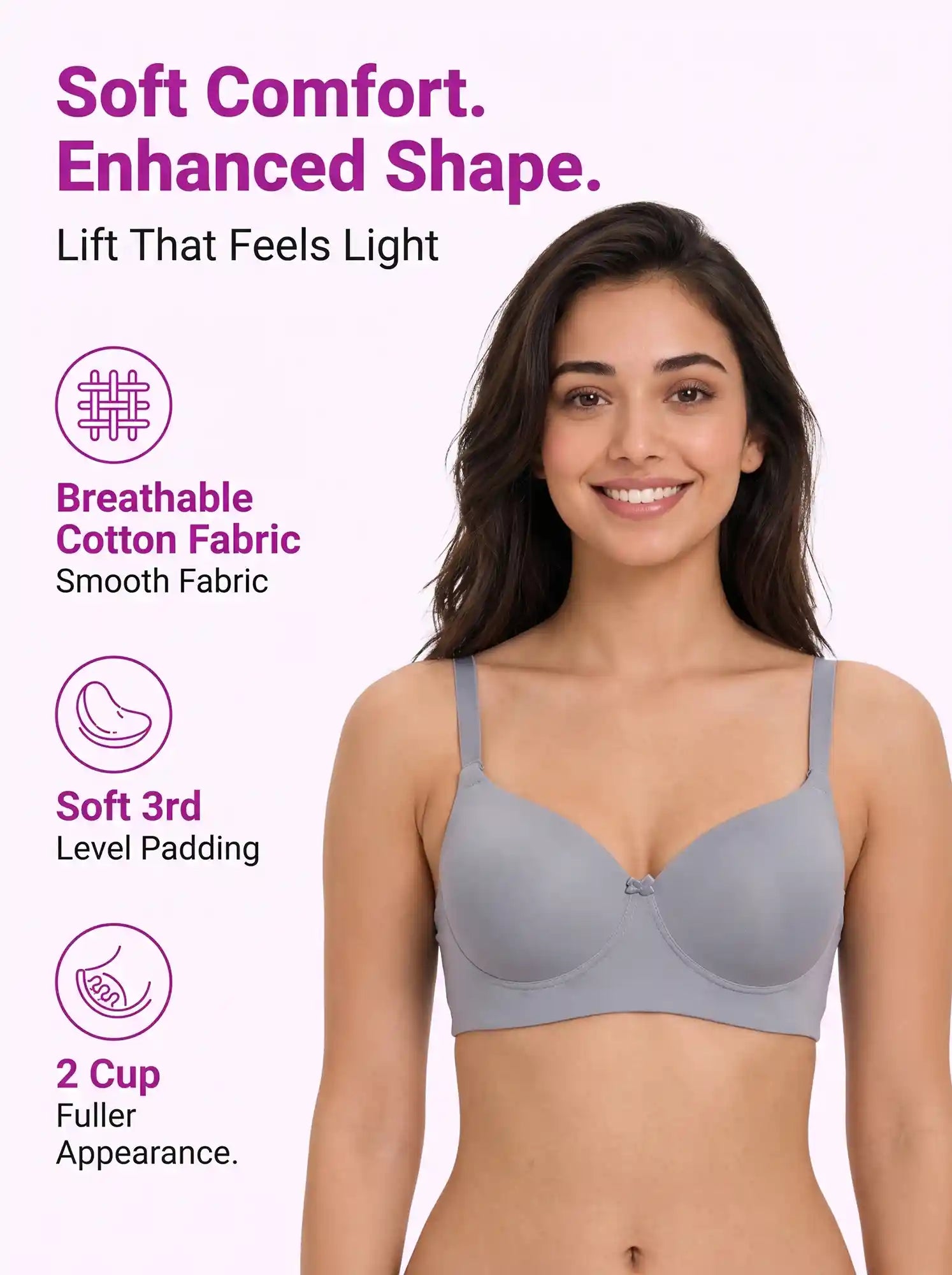 Polyamide Level-3 Padded Push-Up Bonded Bra | 3/4th Coverage | Wire-free Comfort, No Marks, No Rashes (PAL-IS-5301) (Grey)