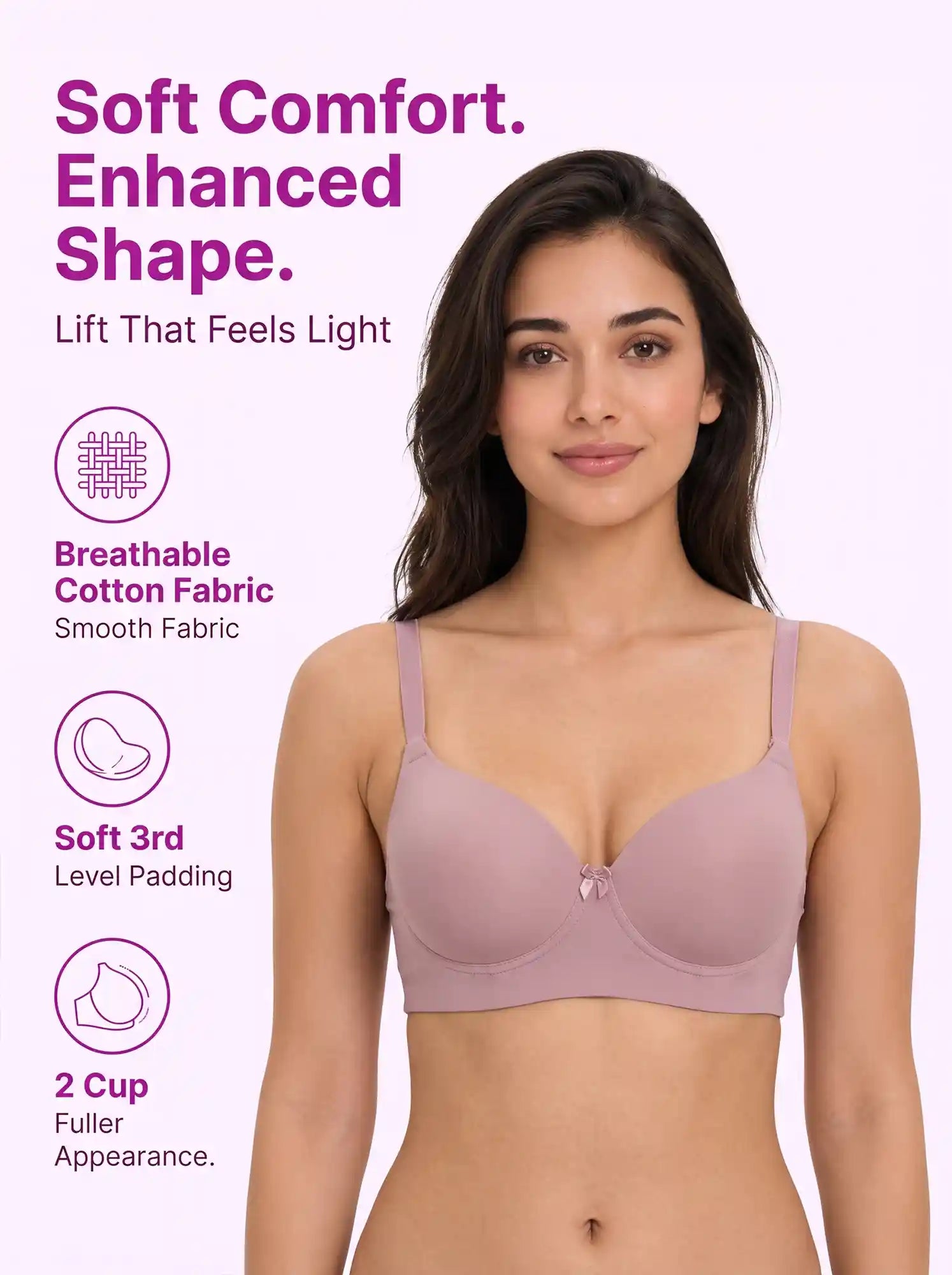 Polyamide Level-3 Padded Push-Up Bonded Bra | 3/4th Coverage | Wire-free Comfort, No Marks, No Rashes (PAL-IS-5301) (Plum)