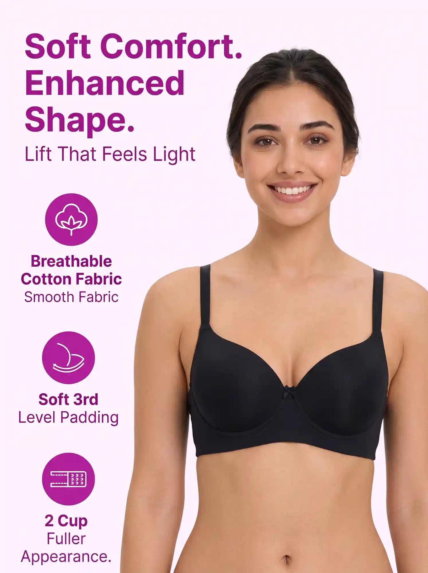 Polyamide Level-3 Padded Push-Up Bonded Bra | 3/4th Coverage | Wire-free Comfort, No Marks, No Rashes (PAL-IS-5301) (Black)