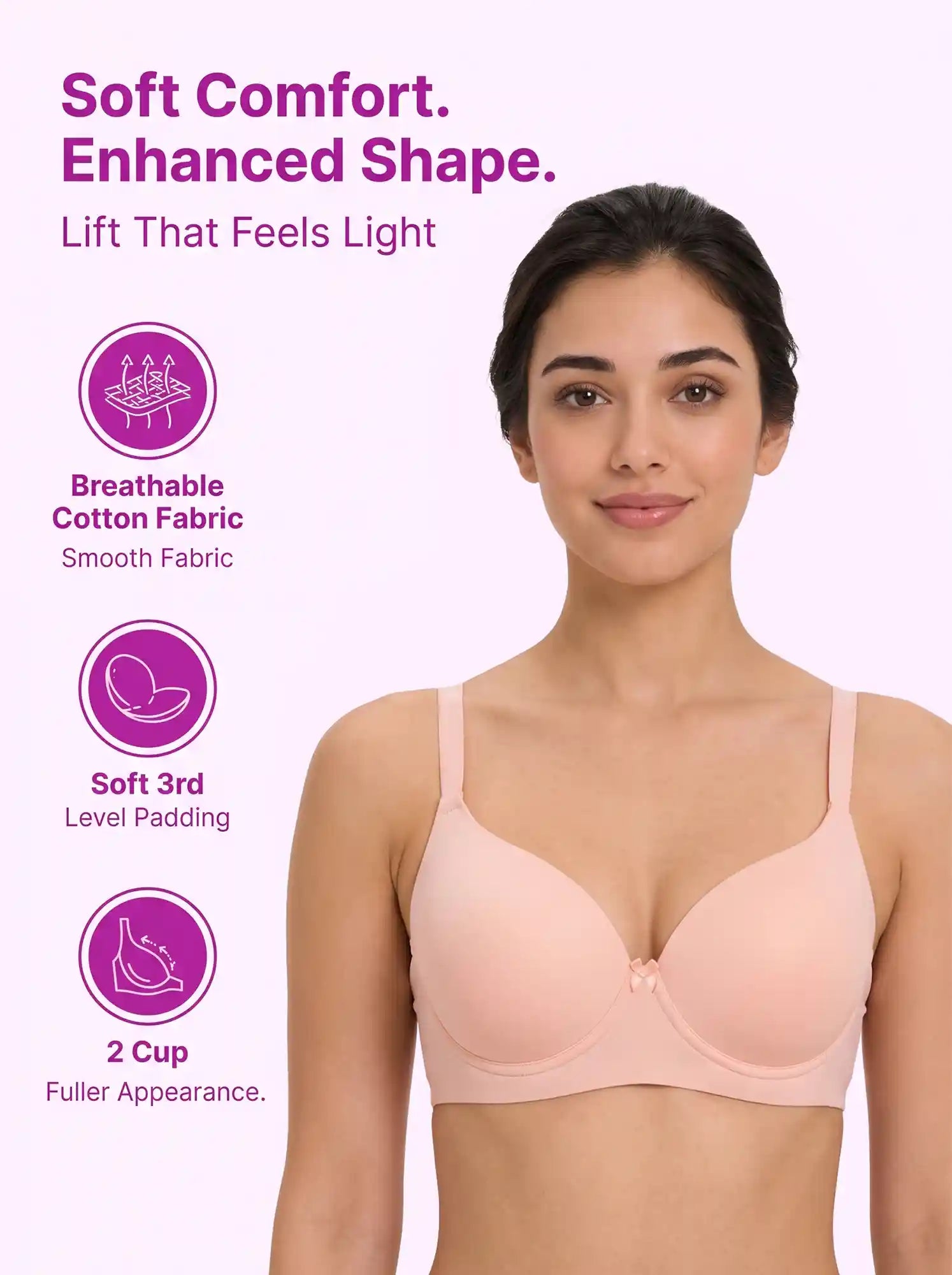 Polyamide Level-3 Padded Push-Up Bonded Bra | 3/4th Coverage | Wire-free Comfort, No Marks, No Rashes (PAL-IS-5301) (Peach)