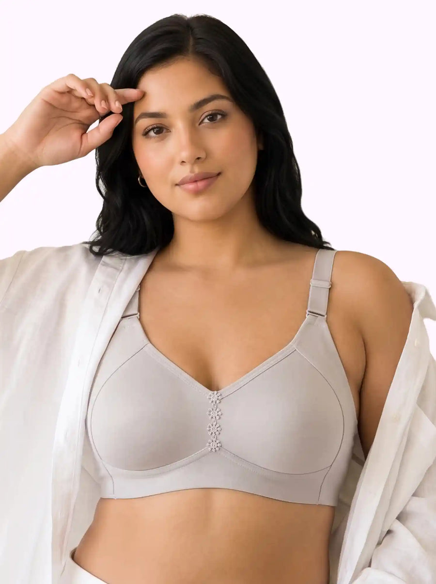 Cotton Non-Padded M-Frame Minimiser Bonded Bra | Full Coverage | Wire-free Seamless Comfort  (PAL-CT-4005) (Grey)