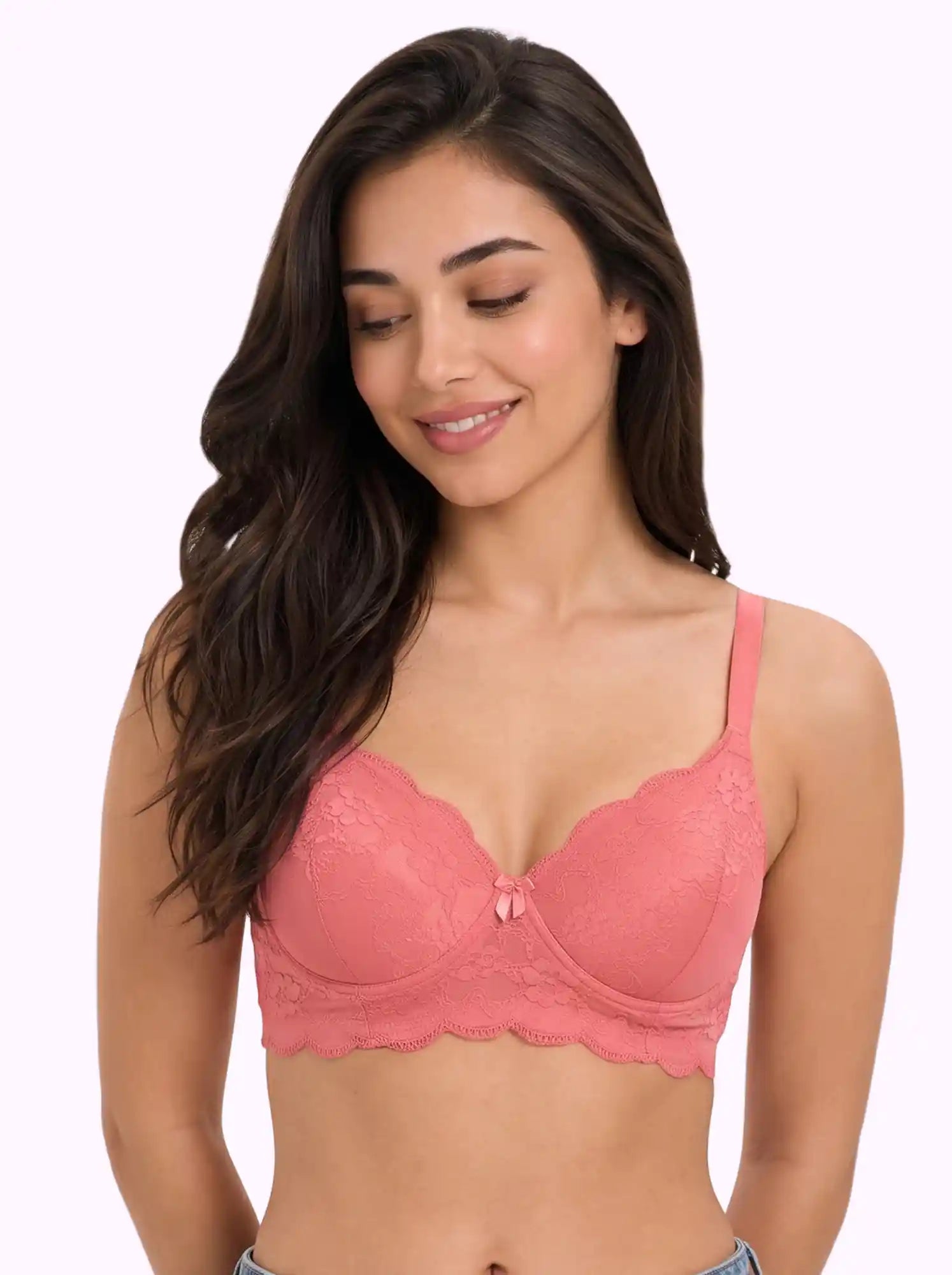 Cotton Padded Bonded Lace Bra | Inner Cotton Lining | Full Coverage | Wire-free Comfort (PAL-SB-5803) (Coral)