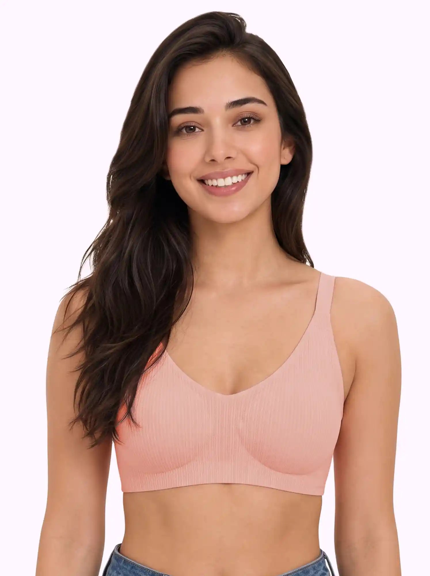 Ribbed Polyamide Lightly Padded Full Coverage Bonded T-Shirt Bra PAL-SB-98 (Peach)