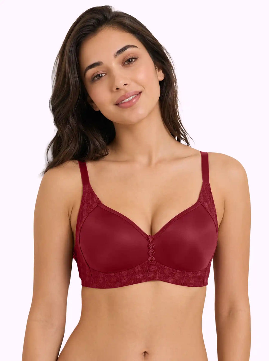 Cotton Non-Padded M-Frame Minimiser Bonded Bra | Lace Detailing | Full Coverage | Wire-free (PAL-SB-6006)(Maroon)