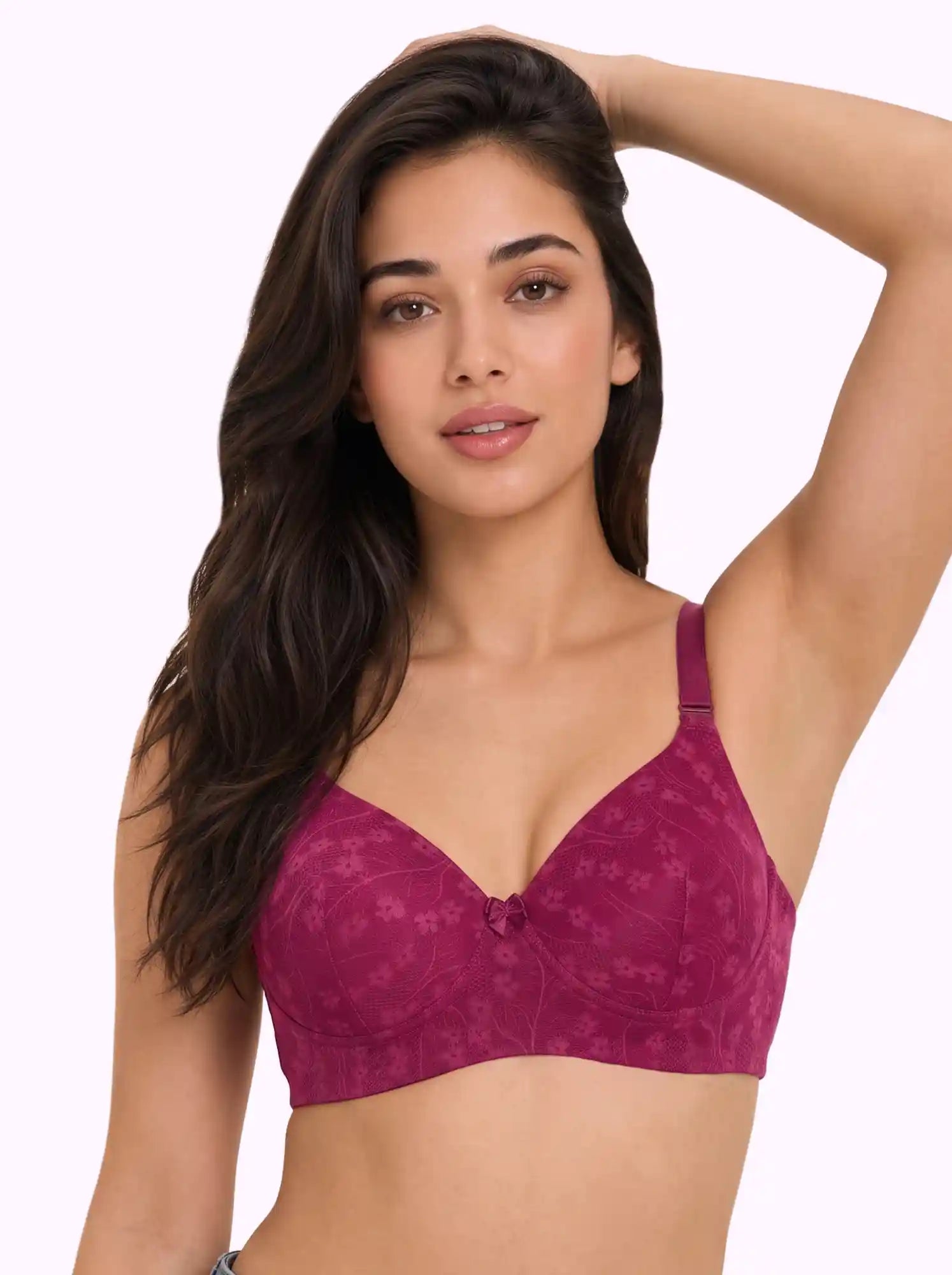 Cotton Padded Bonded Lace Bra | Inner Cotton Lining | Full Coverage | Wire-free Comfort (PAL-SB-58011) (WIne)