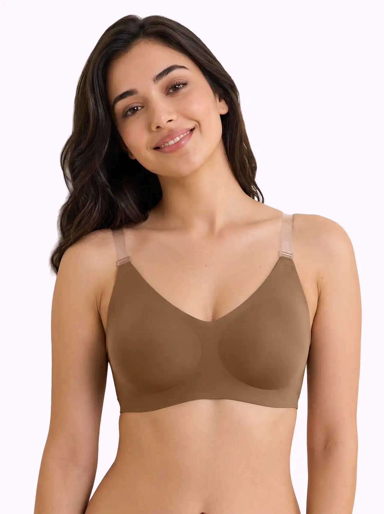 Cotton Padded Backless Bonded Bra | Full Coverage | Transparent Back Strap | Detachable Shoulder Straps (PAL-SB-851)(Fawn)