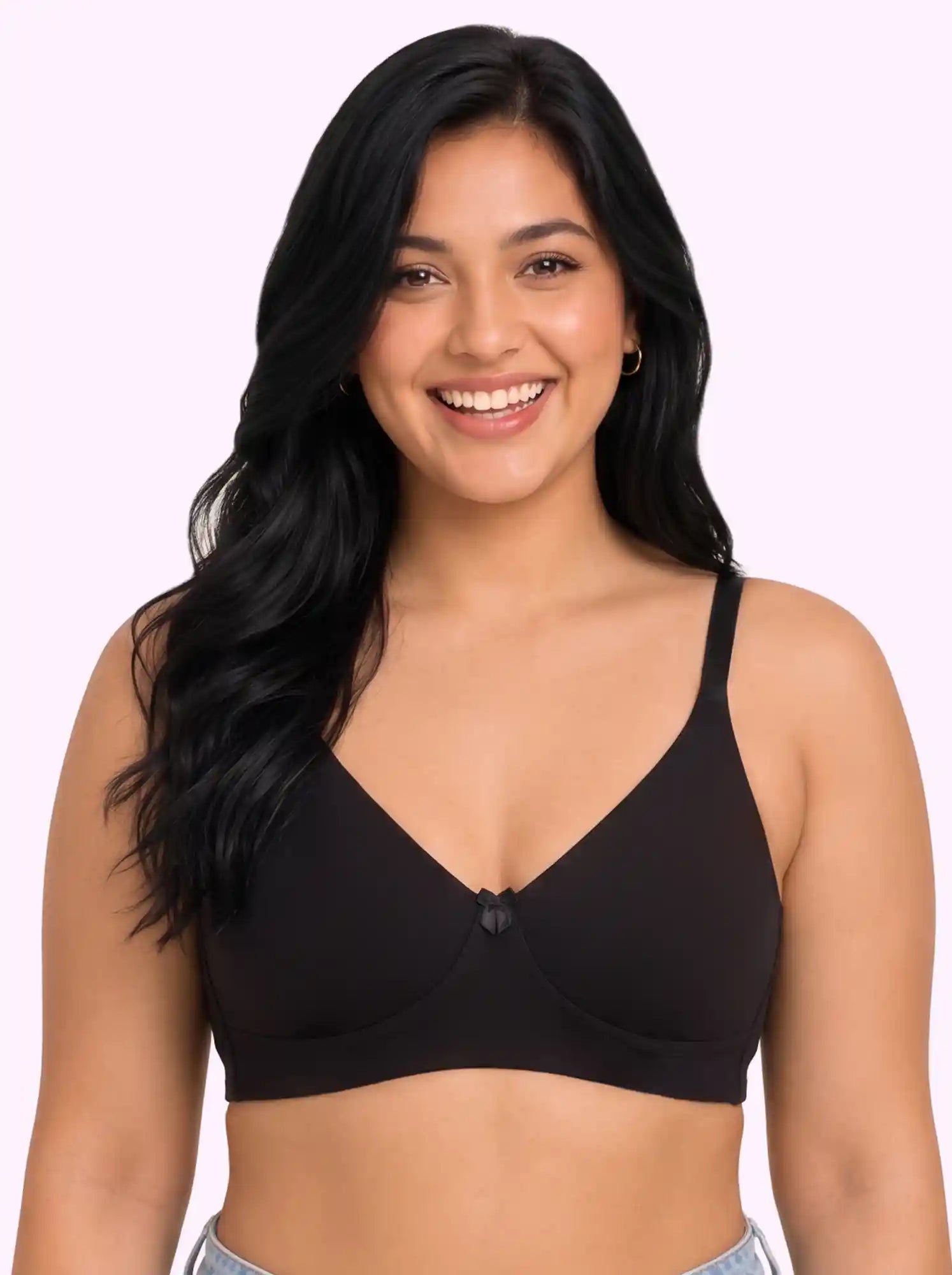 Cotton Non-Padded Plus-Size Full Coverage Bonded Bra | Broad Straps | Hidden Concealer (PAL-401) (Black)
