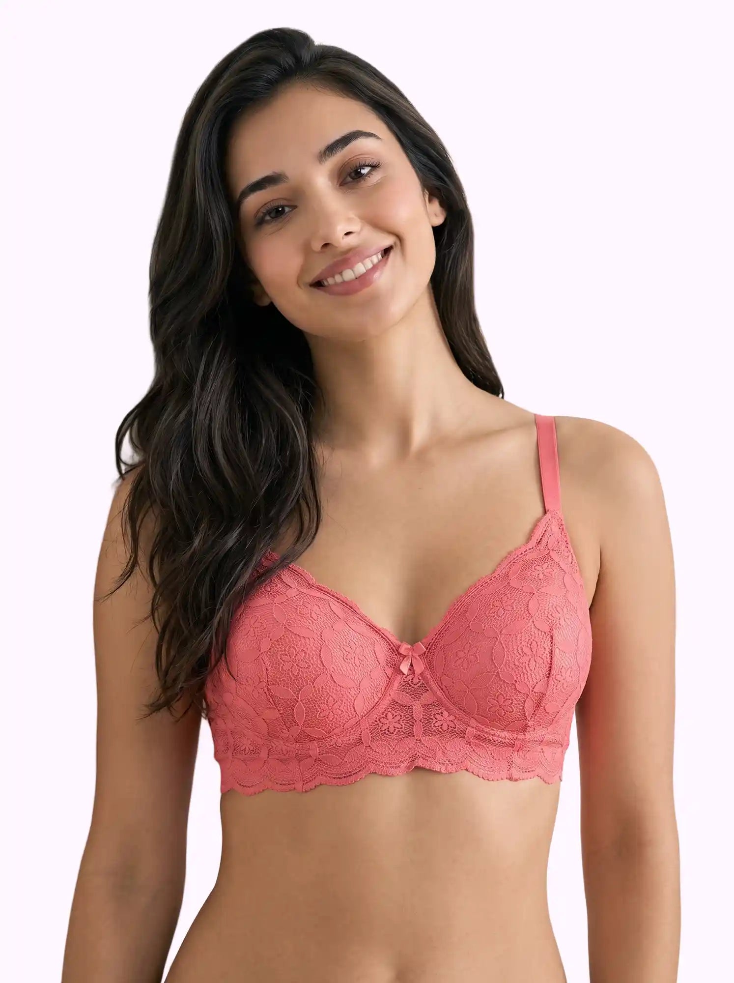 Cotton Padded Bonded Lace Bra | Inner Cotton Lining | Full Coverage | Wire-free Comfort (PAL-SB-5804) (Coral)