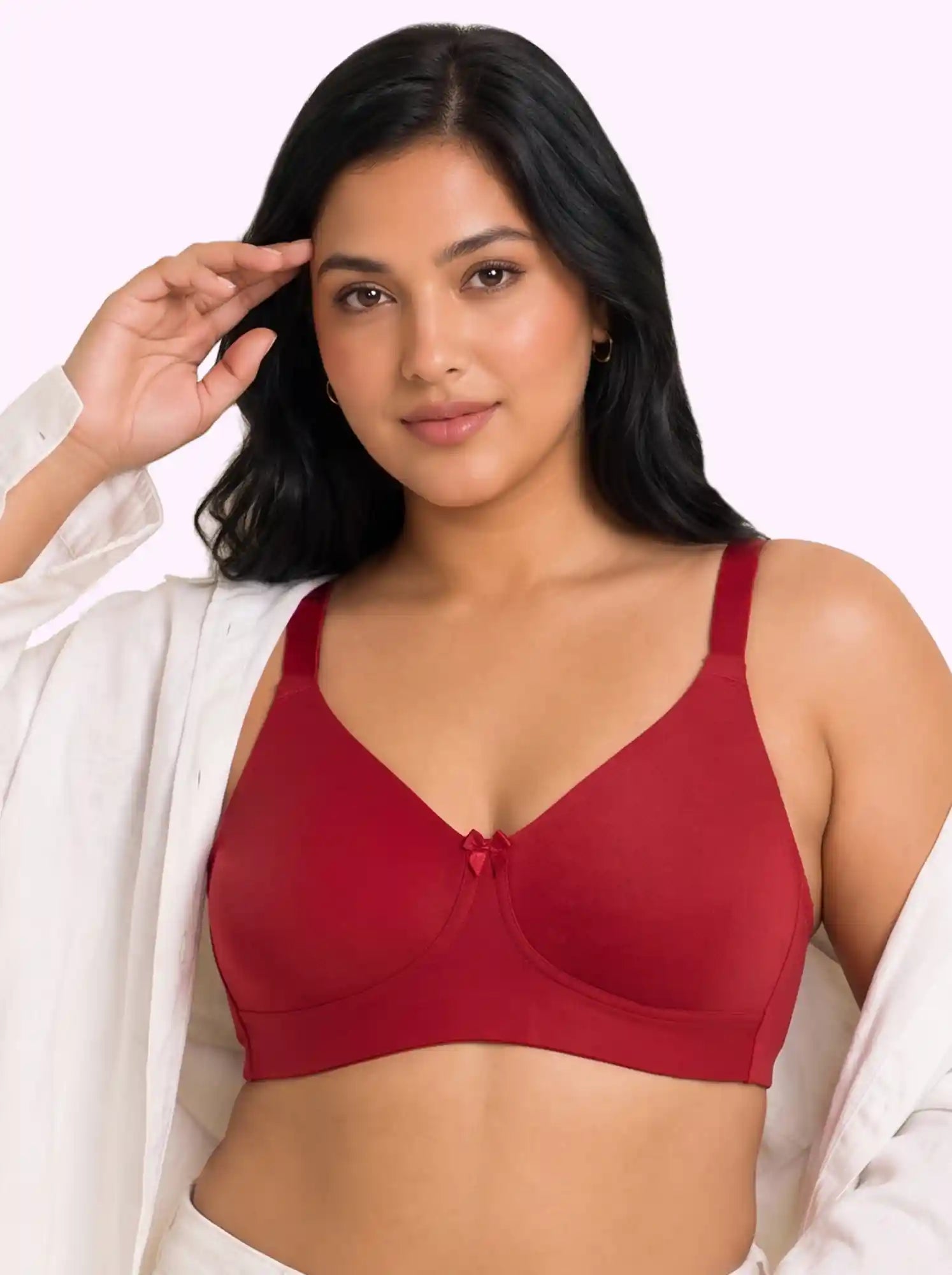 Cotton Non-Padded Plus-Size Full Coverage Bonded Bra | Broad Straps | Hidden Concealer (PAL-401) (Red)