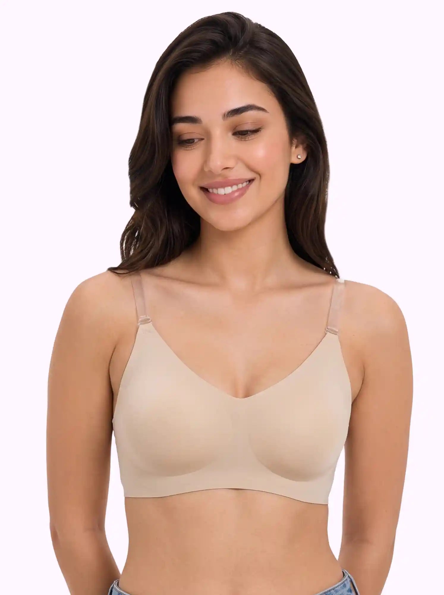 Cotton Padded Backless Bonded Bra | Full Coverage | Transparent Back Strap | Detachable Shoulder Straps (PAL-SB-851)(Skin)