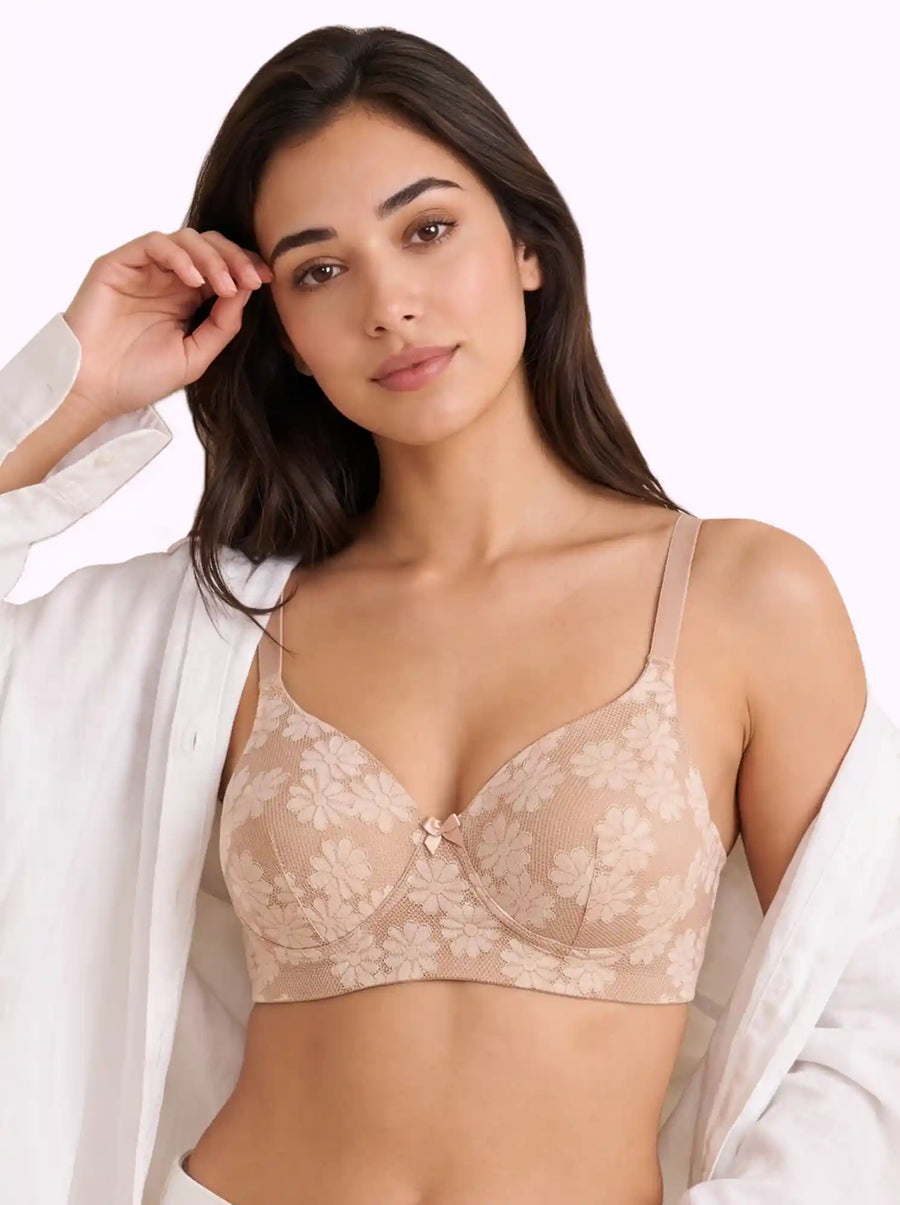 Cotton Padded Bonded Lace Bra | Inner Cotton Lining | Full Coverage | Wire-free Comfort (PAL-SB-58012) (Skin)