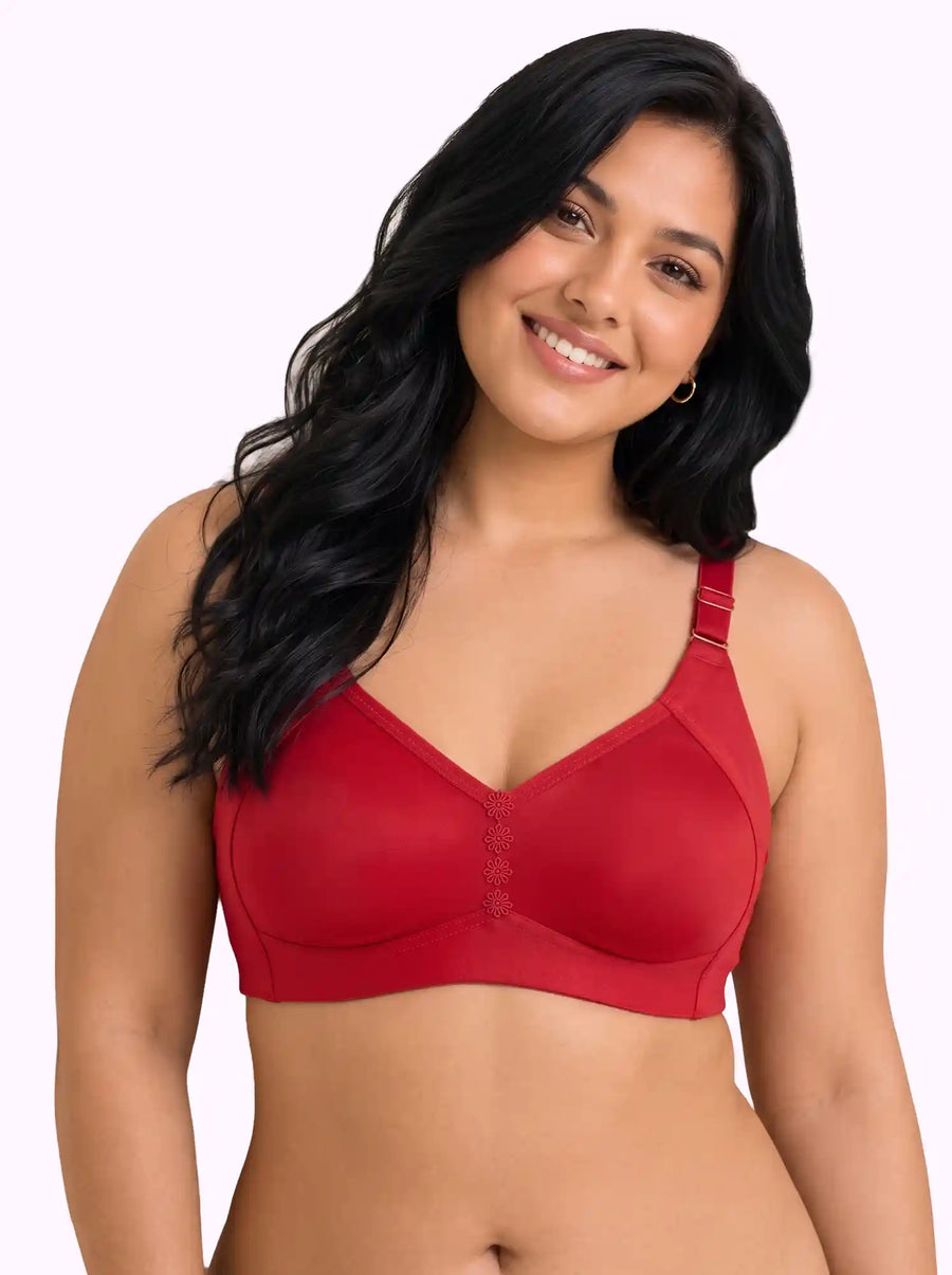 Cotton Non-Padded M-Frame Minimiser Bonded Bra | Full Coverage | Wire-free Seamless Comfort  (PAL-CT-4005) (Red)