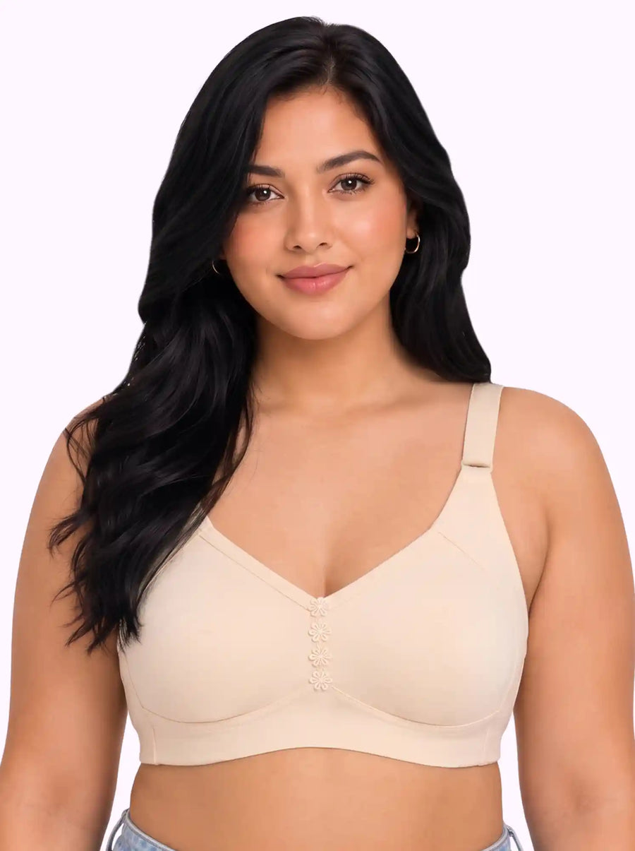 Cotton Non-Padded M-Frame Minimiser Bonded Bra | Full Coverage | Wire-free Seamless Comfort  (PAL-CT-4005) (Beige)