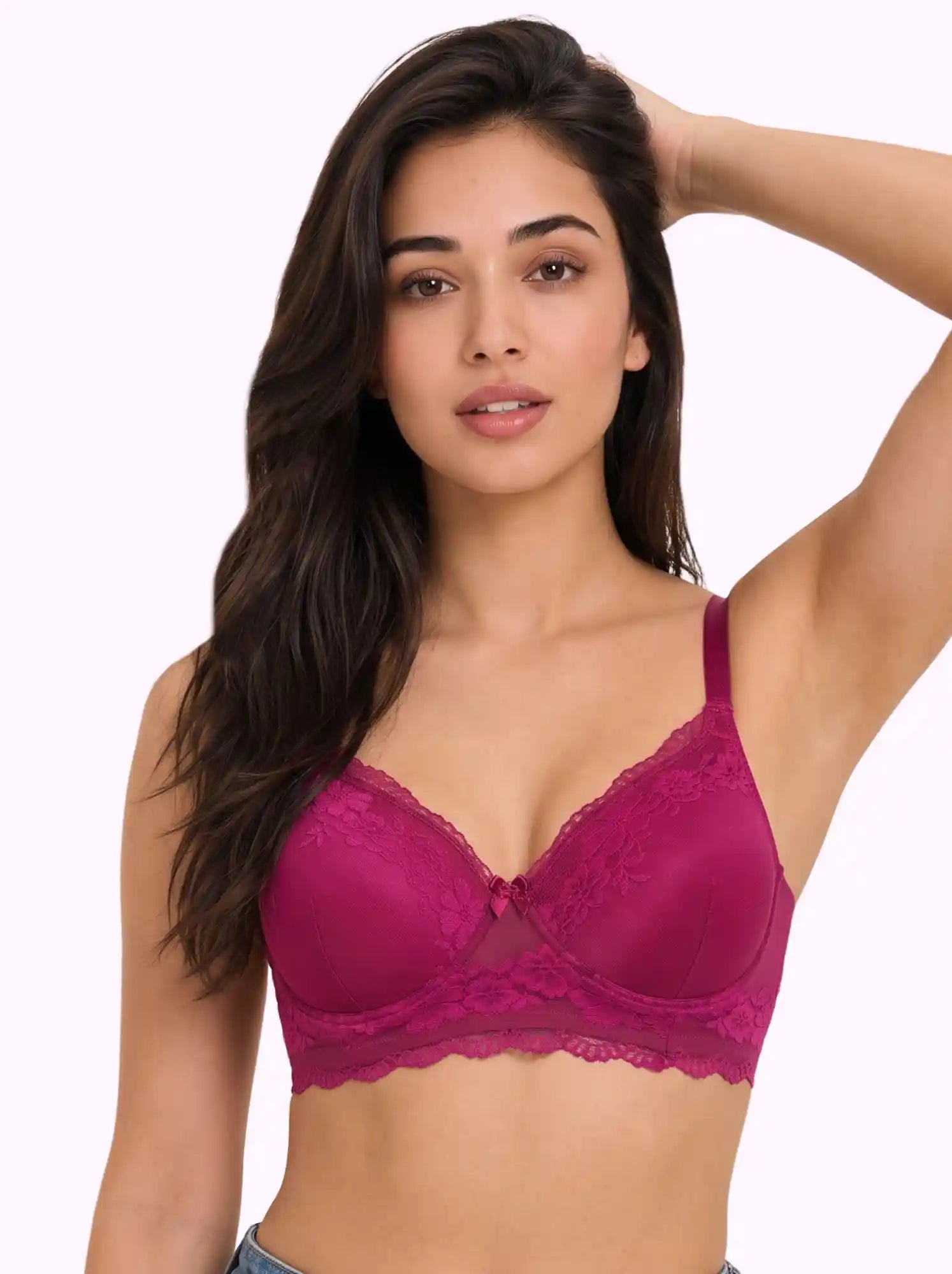 Cotton Padded Bonded Lace Bra | Inner Cotton Lining | Full Coverage | Wire-free Comfort (PAL-SB-5802) (Wine)
