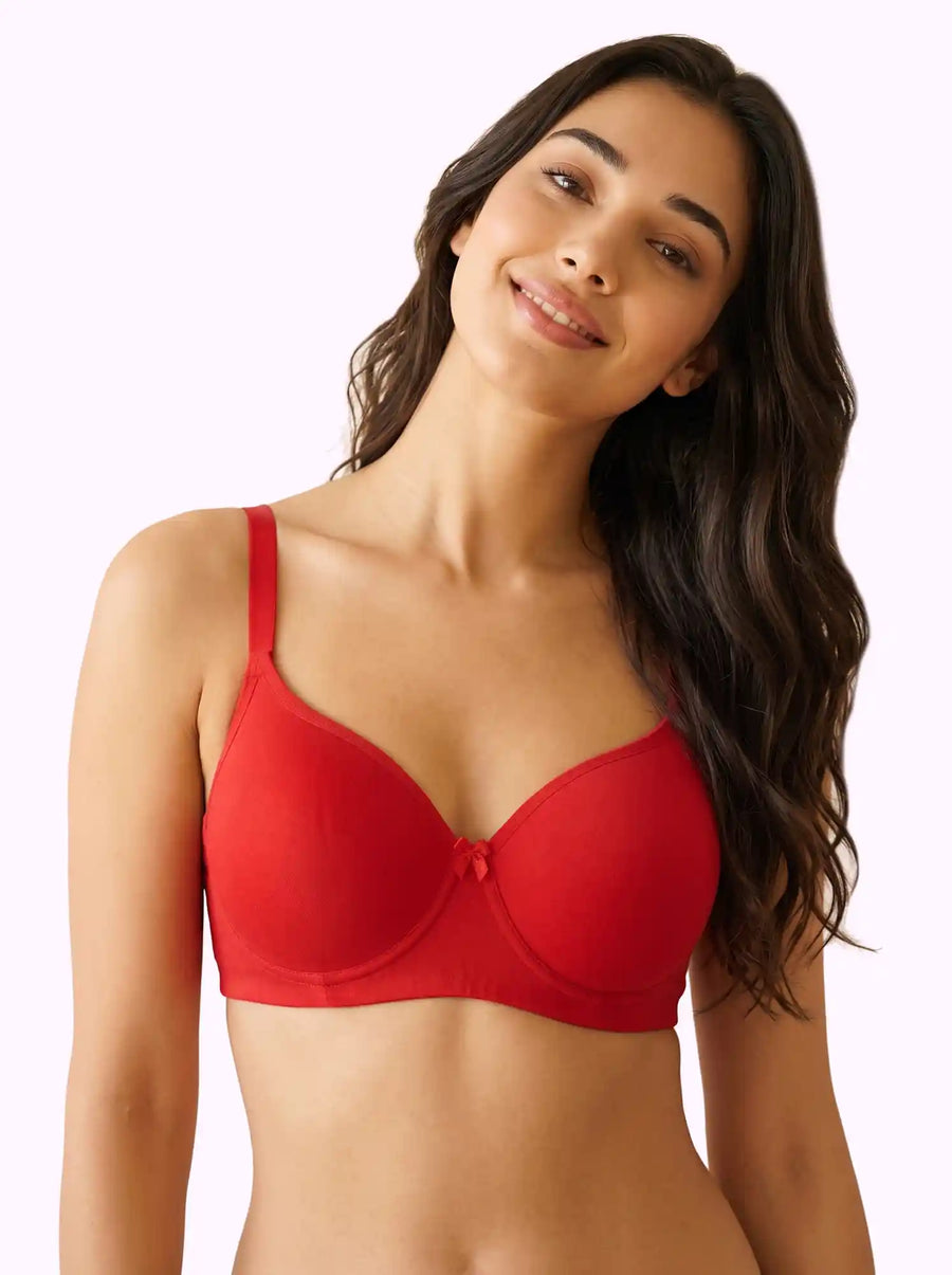 Cotton Padded Full Coverage Bonded T-Shirt Bra | No-Marks, No Rashes (PAL-1013)(Red)