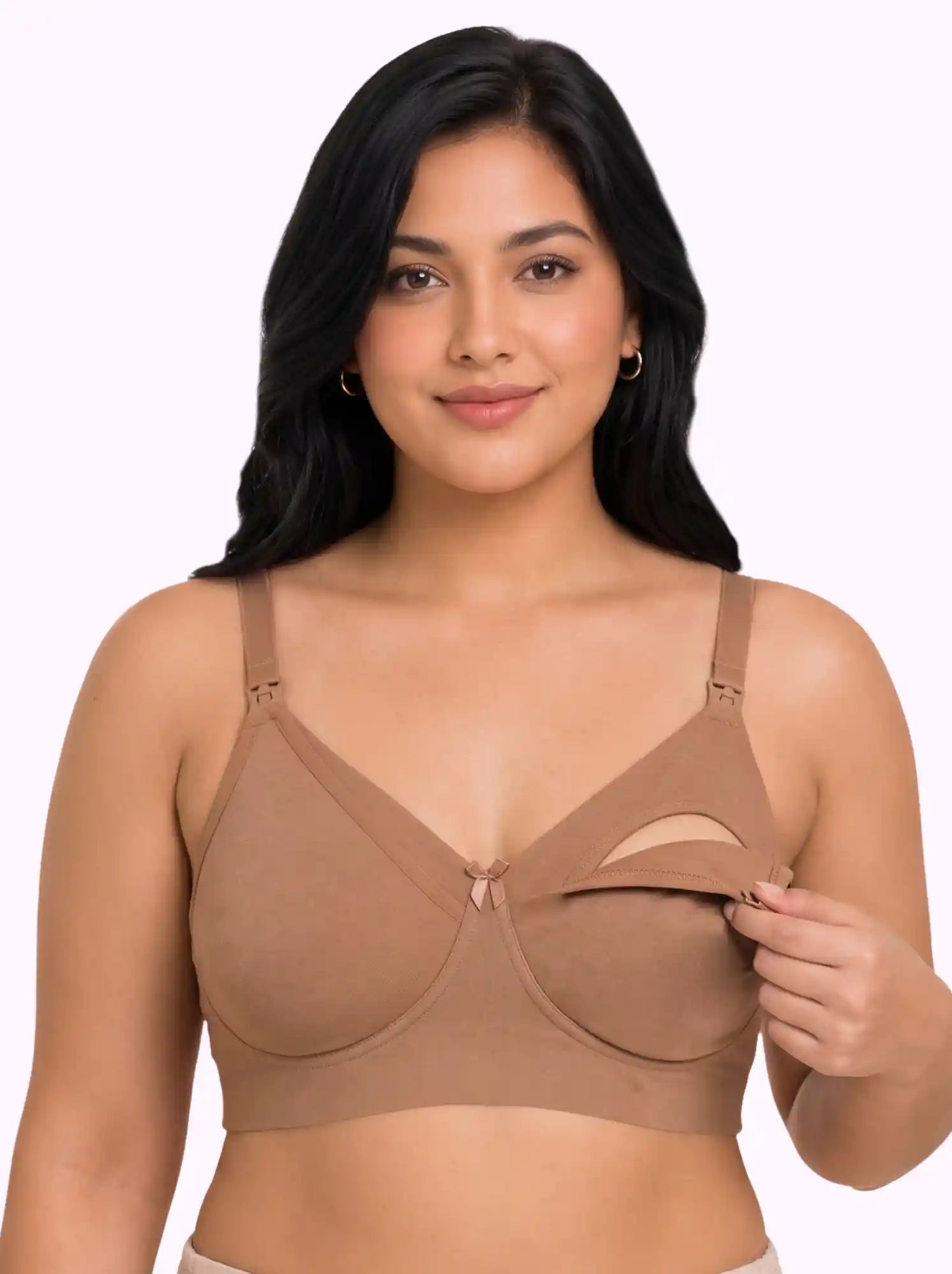 Cotton Non-Padded Bonded Feeding Bra for Lactating Mothers | Full Coverage | Elastic-free Bottom Band (PAL-SB-502) (Fawn)