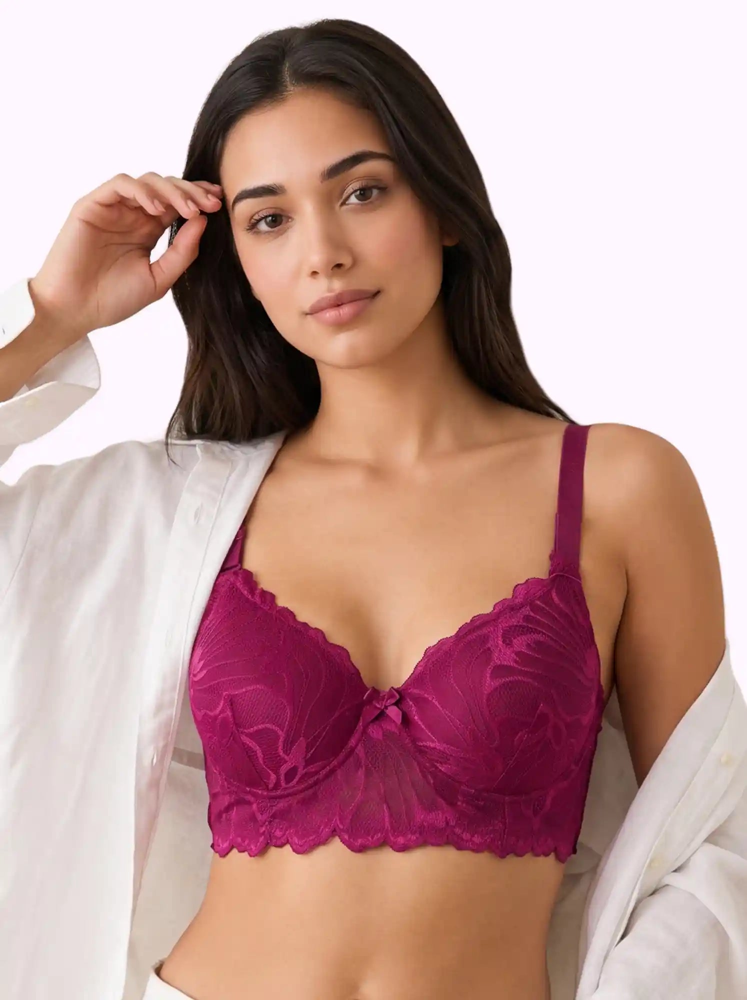 Cotton Padded Bonded Lace Bra | Inner Cotton Lining | Full Coverage | Wire-free Comfort (PAL-SB-5801) (Wine)