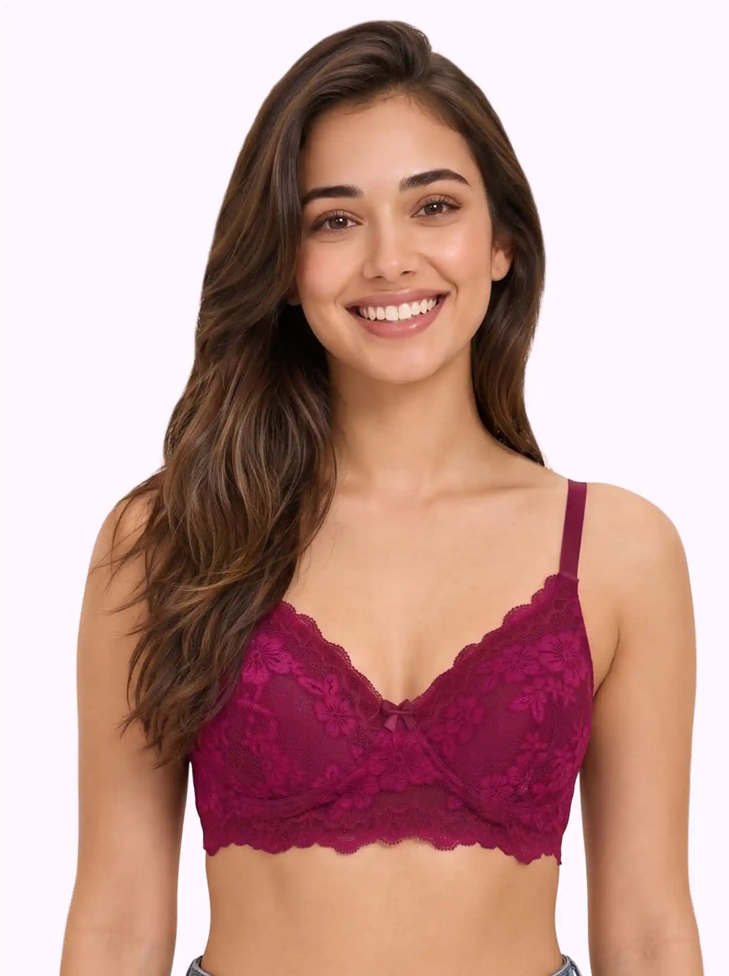 Cotton Padded Bonded Lace Bra | Inner Cotton Lining | Full Coverage | Wire-free Comfort (PAL-SB-5805) (Wine)