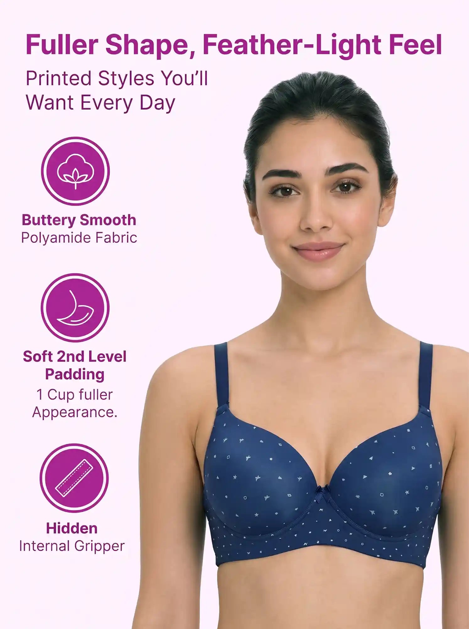 Printed Polyamide Level-2 Padded Push-Up Maximiser Bonded Bra | 3/4th Coverage | Wire-free Comfort, No Marks, No Poking (PAL-51755)