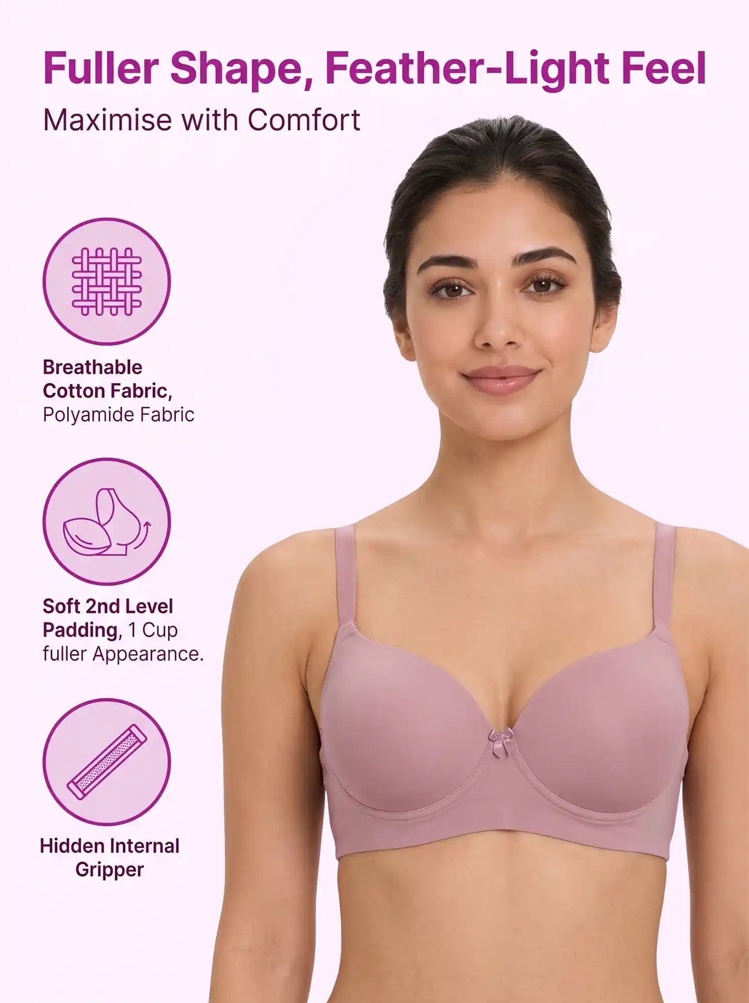 Polyamide Level-2 Padded Push-Up Maximiser Bonded Bra | 3/4th Coverage | Wire-free Comfort, No Marks, No Rashes PAL-IS-5107 (Plum)