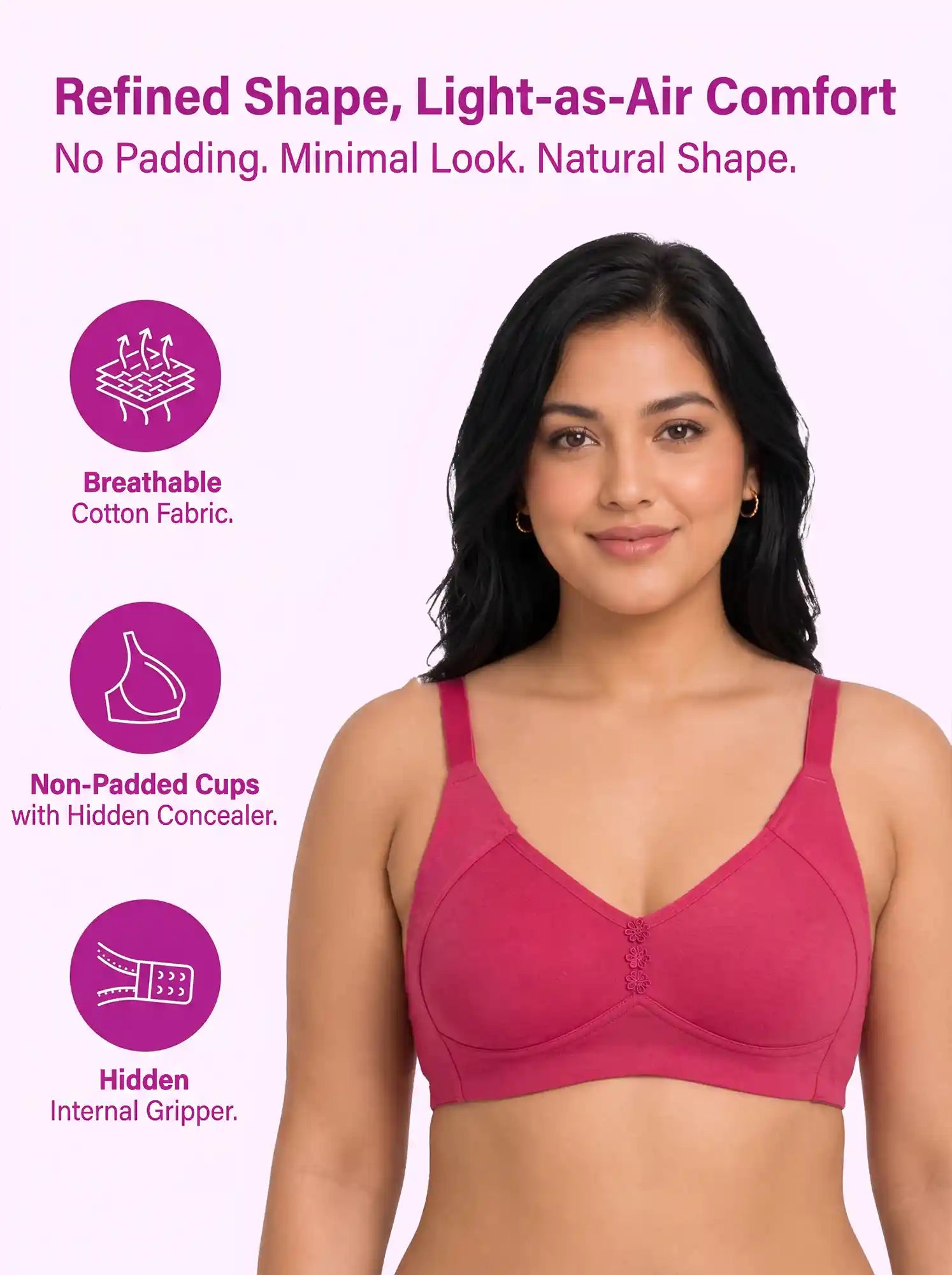 Cotton Non-Padded Plus-Size M-Frame Minimiser Bonded Bra (PAL-405)(Dark Pink)