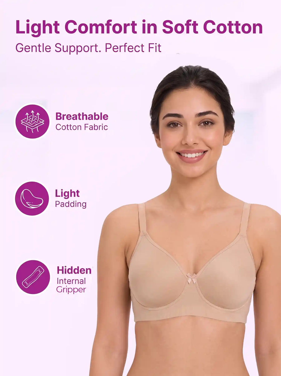 Cotton Padded Full Coverage Bonded T-Shirt Bra | No-Marks, No Rashes (PAL-1013)(Skin)