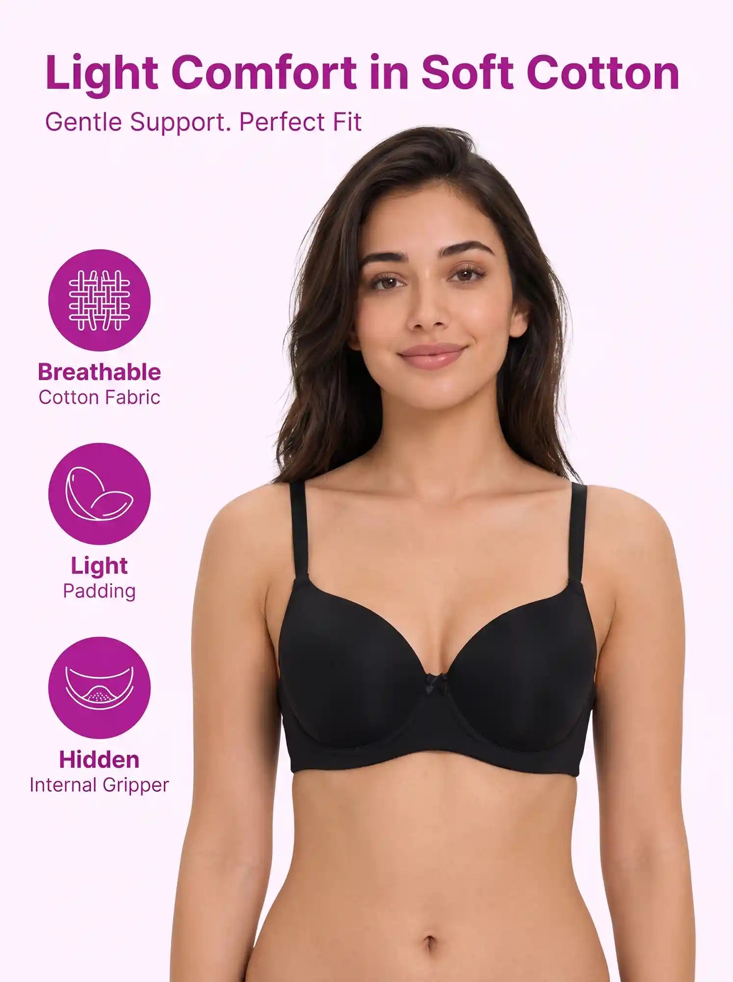 Cotton Padded Full Coverage Bonded T-Shirt Bra | No-Marks, No Rashes (PAL-1013)(Black)