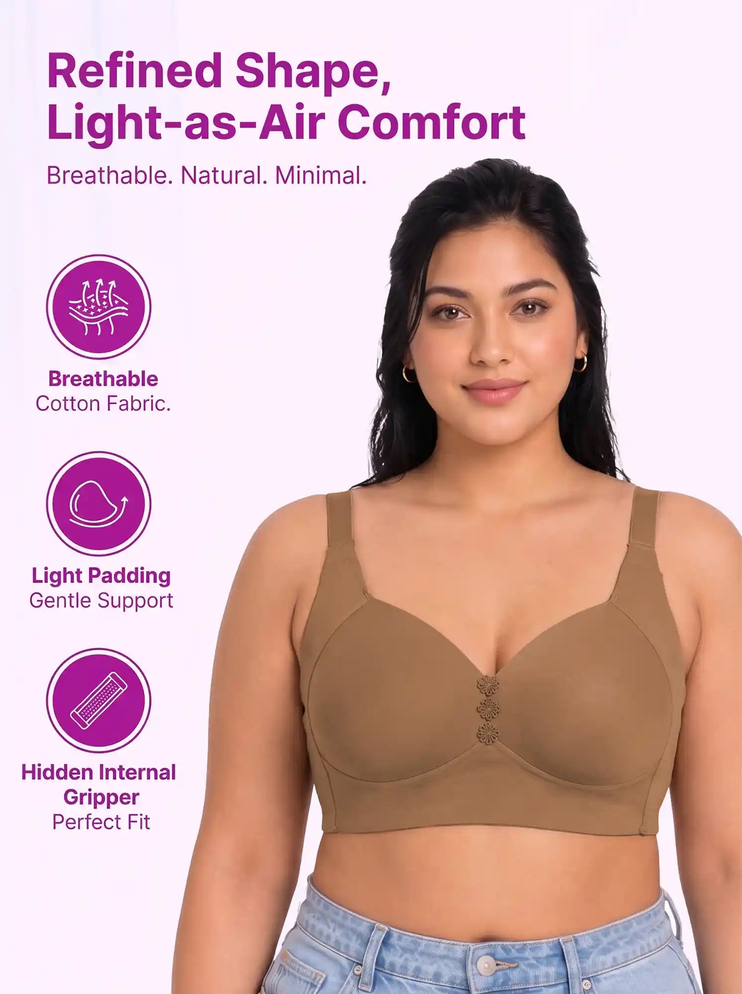 Cotton Padded Plus-Size M-frame Minimiser Bonded Bra | Balanced Shape PAL-SB-203 (Fawn)