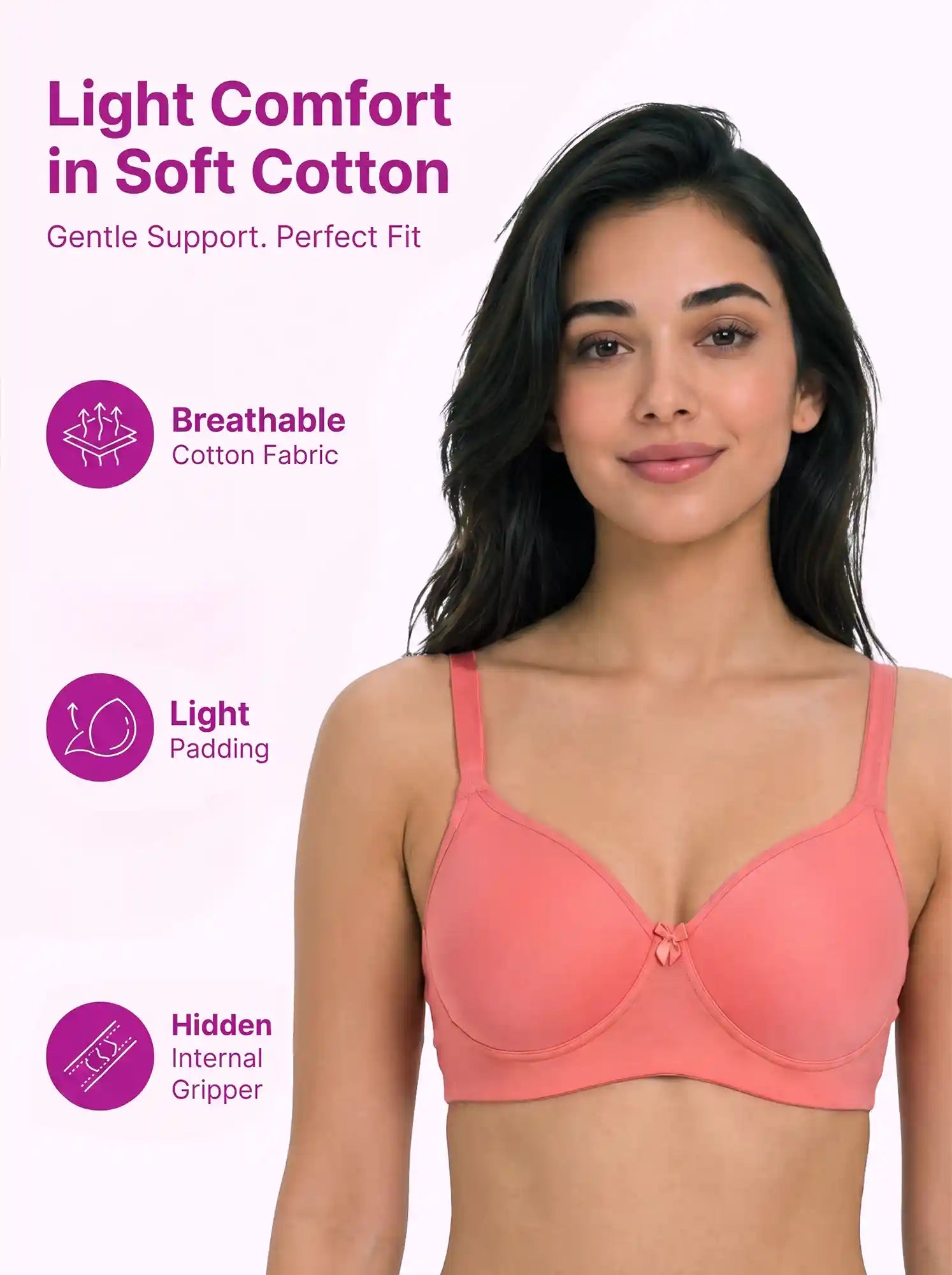 Cotton Padded Full Coverage Bonded T-Shirt Bra | No-Marks, No Rashes (PAL-1013)(Coral)