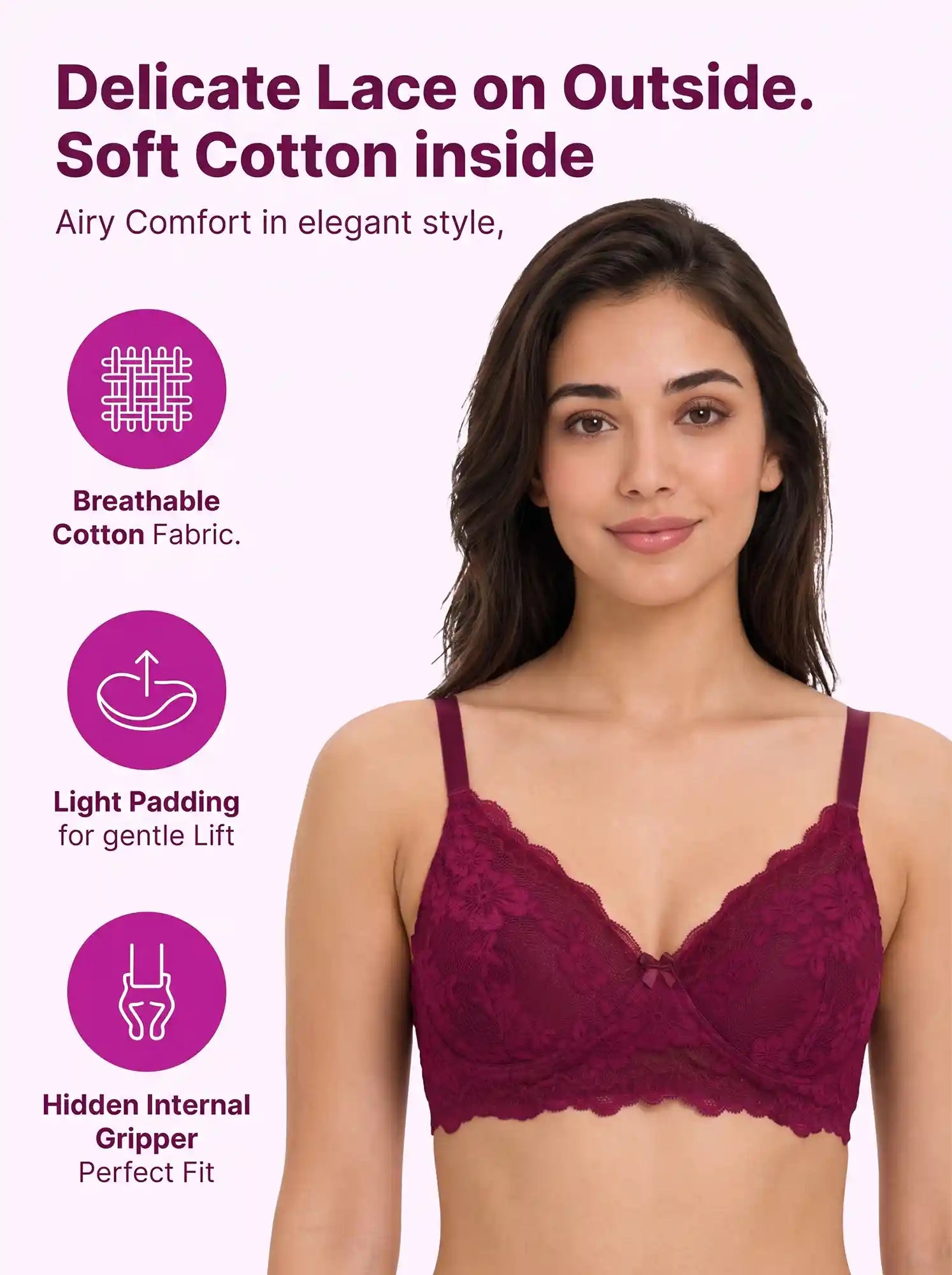 Cotton Padded Bonded Lace Bra | Inner Cotton Lining | Full Coverage | Wire-free Comfort (PAL-SB-5805) (Wine)