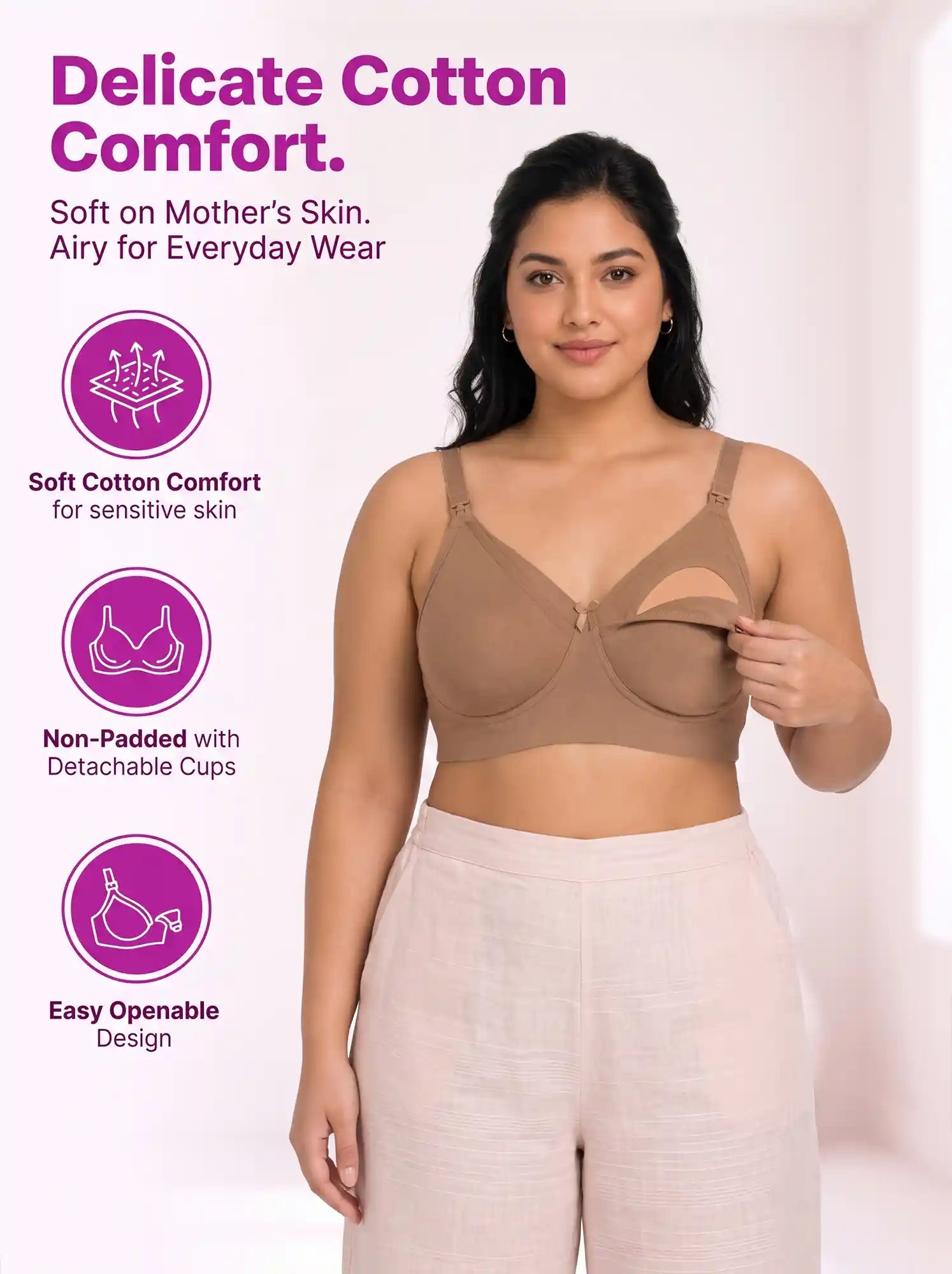 Cotton Non-Padded Bonded Feeding Bra for Lactating Mothers | Full Coverage | Elastic-free Bottom Band (PAL-SB-502) (Fawn)