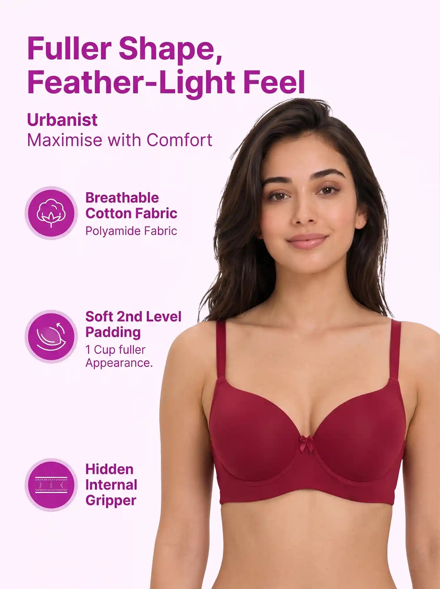 Polyamide Level-2 Padded Push-Up Maximiser Bonded Bra | 3/4th Coverage | Wire-free Comfort, No Marks, No Rashes PAL-IS-5107 (Maroon)