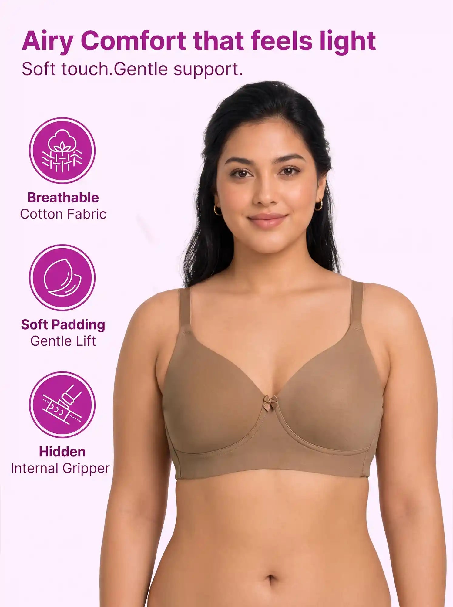 Cotton Padded Plus-Size Bonded Bra | Seamless Look, 360° Support | Full Coverage (PAL-SB-9082)(Fawn)