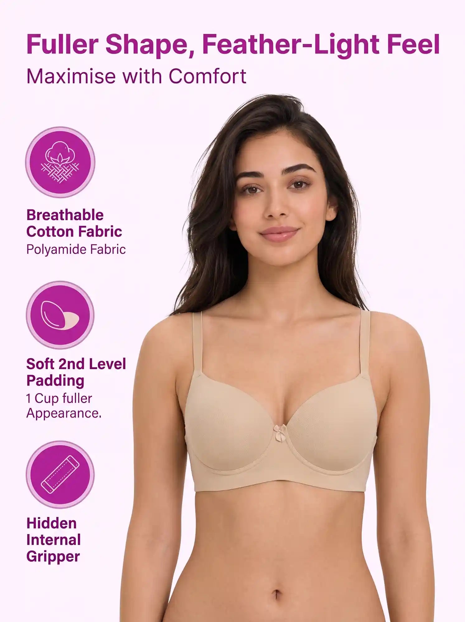 Polyamide Level-2 Padded Push-Up Maximiser Bonded Bra | 3/4th Coverage | Wire-free Comfort, No Marks, No Rashes PAL-IS-5107 (Skin)