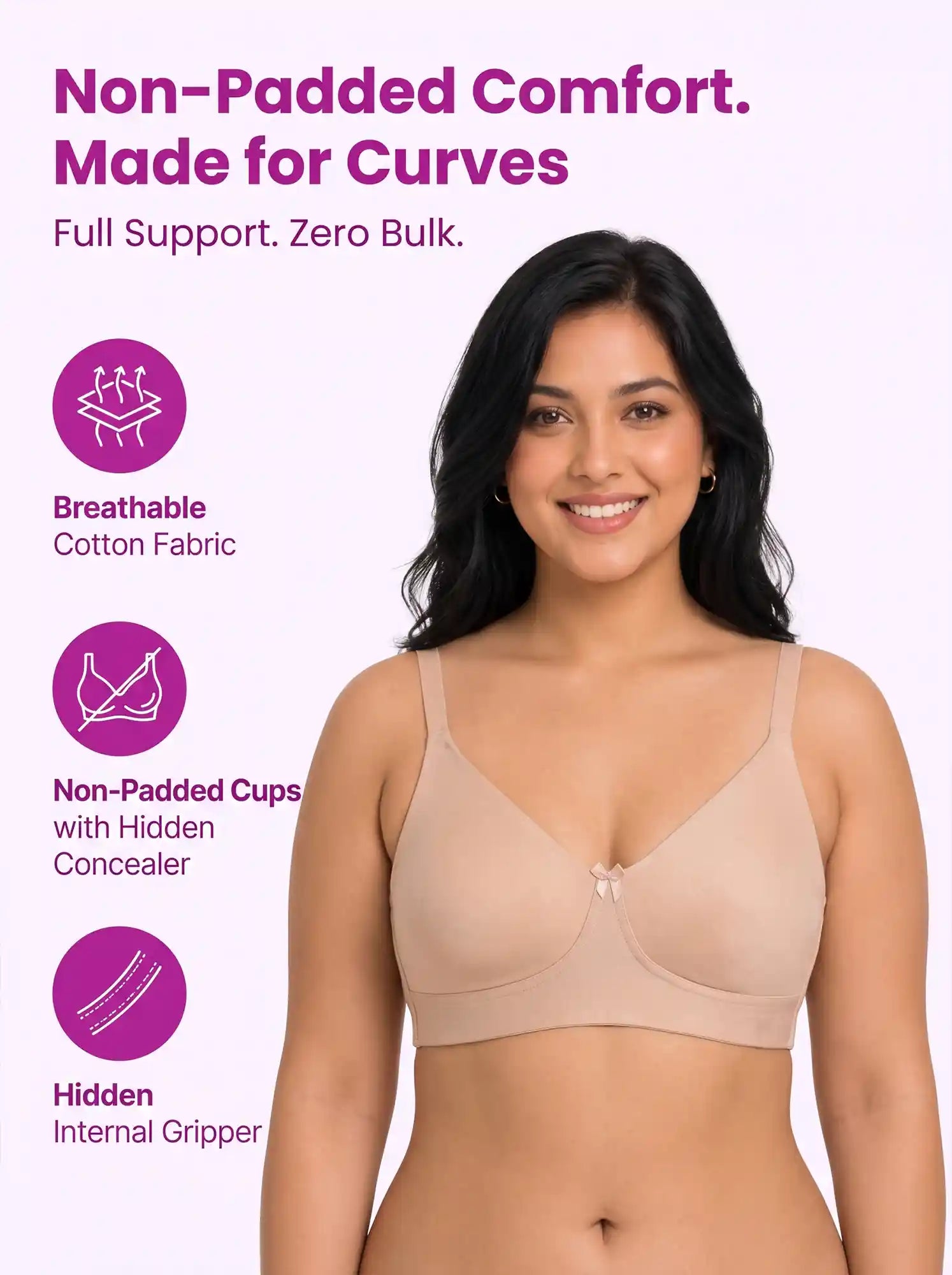 Cotton Non-Padded Plus-Size Full Coverage Bonded Bra | Broad Straps | Hidden Concealer (PAL-401) (Skin)