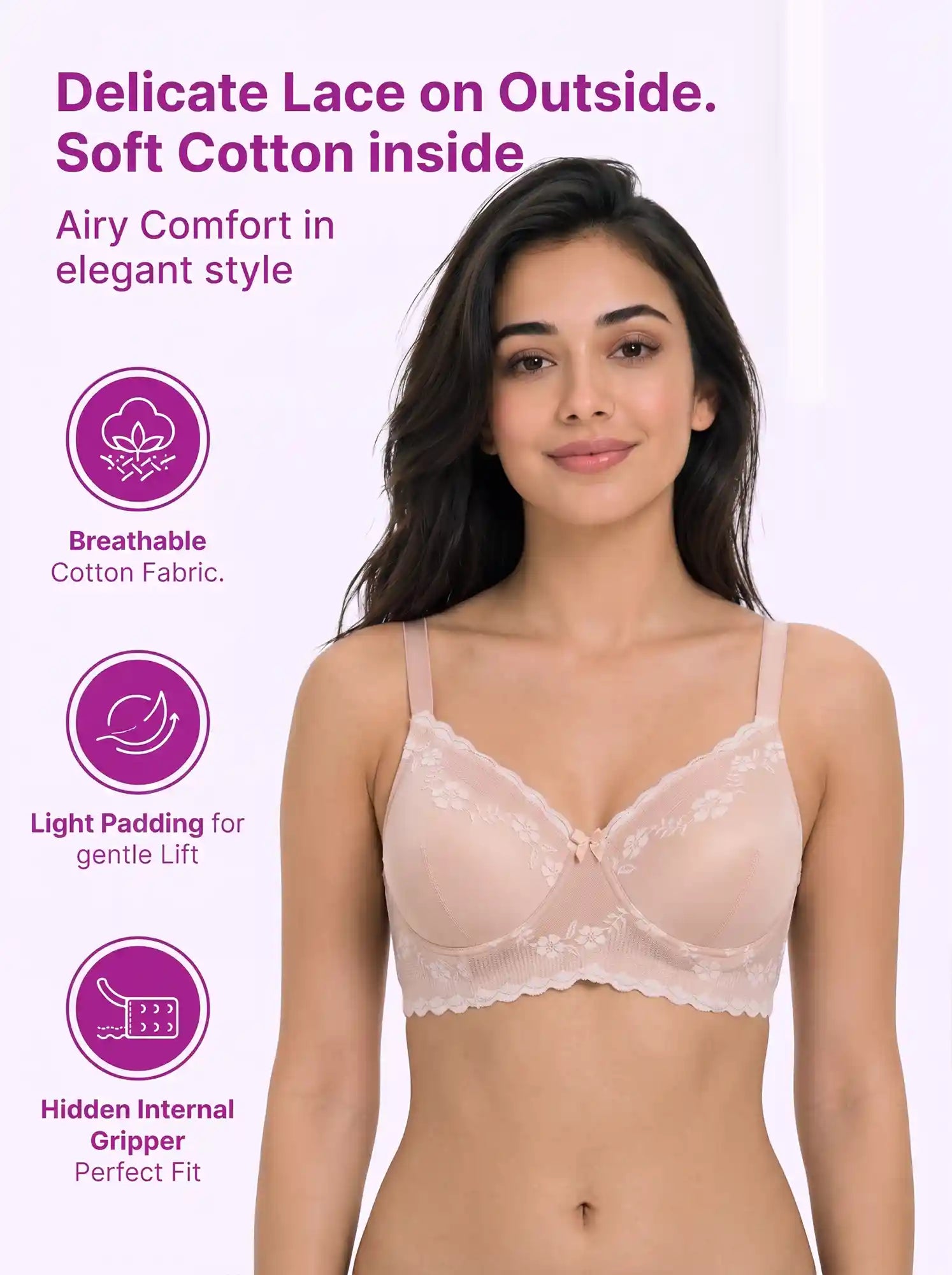 Cotton Padded Bonded Lace Bra | Inner Cotton Lining | Full Coverage | Wire-free Comfort (PAL-SB-5806) (Skin)