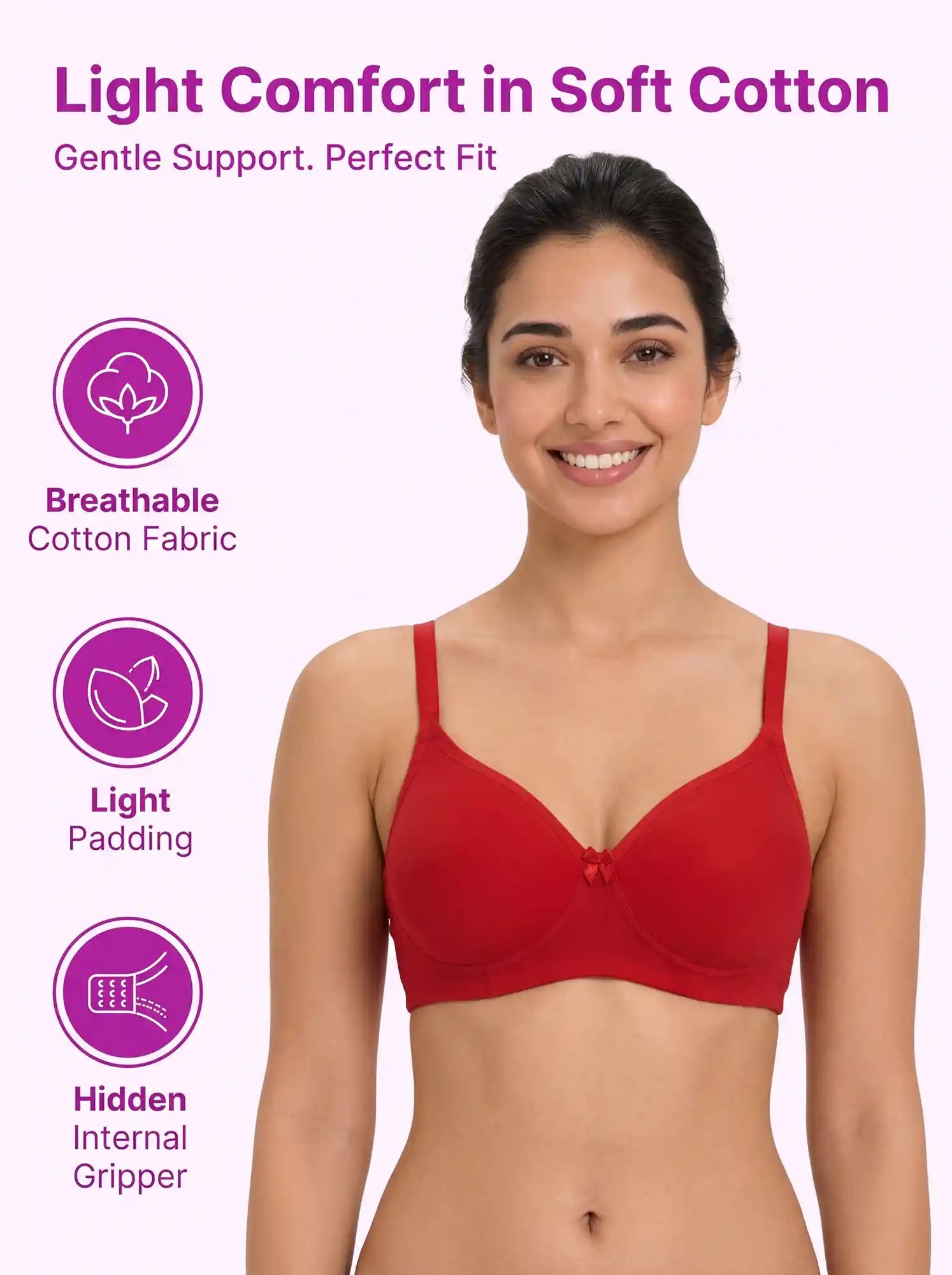 Cotton Padded Full Coverage Bonded T-Shirt Bra | No-Marks, No Rashes (PAL-1013)(Red)