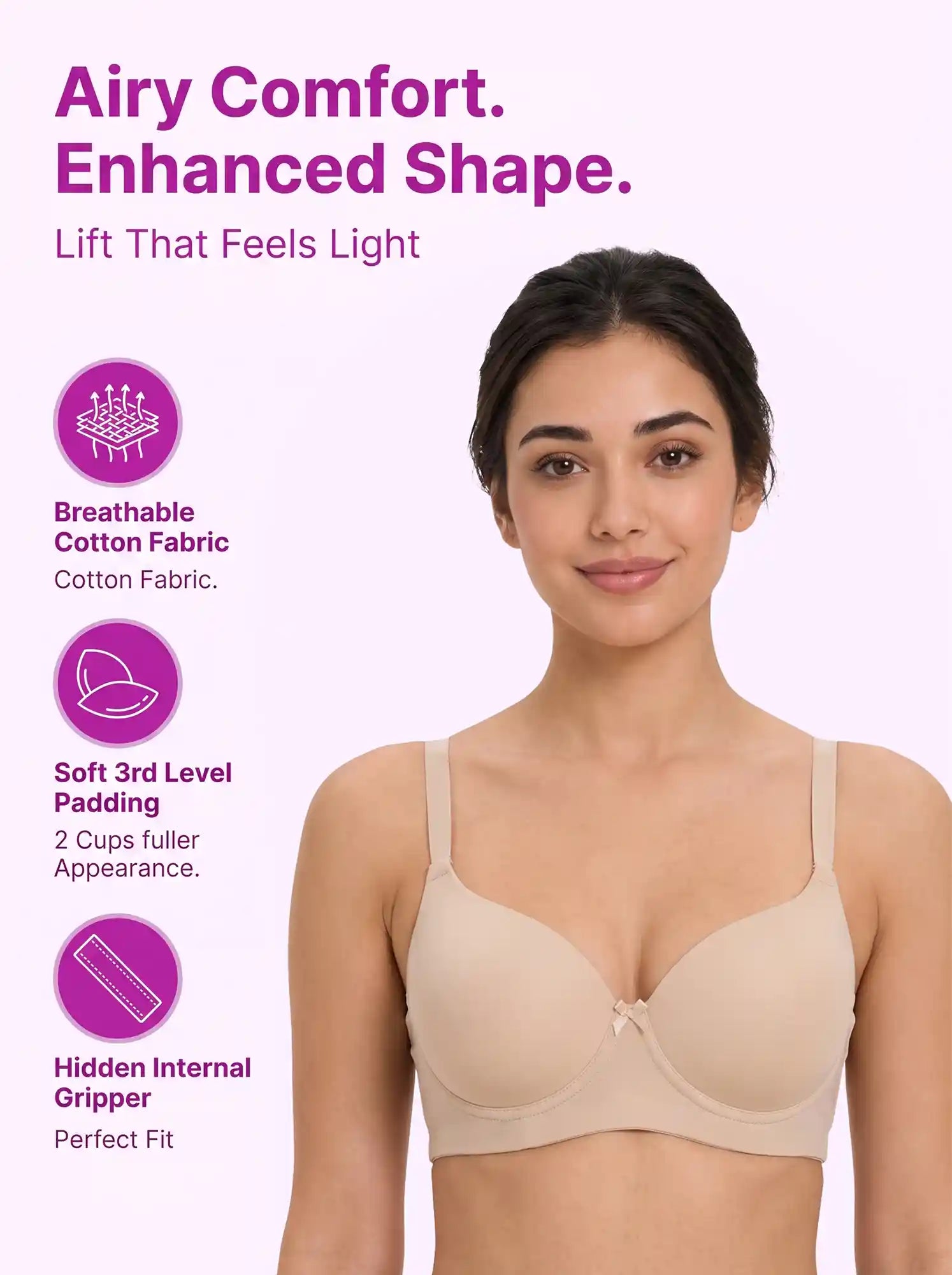 Cotton Level-3 Padded Push-Up Bonded Bra | 3/4th Coverage | Wire-free Seamless Comfort (PAL-SB-3510) (Skin)