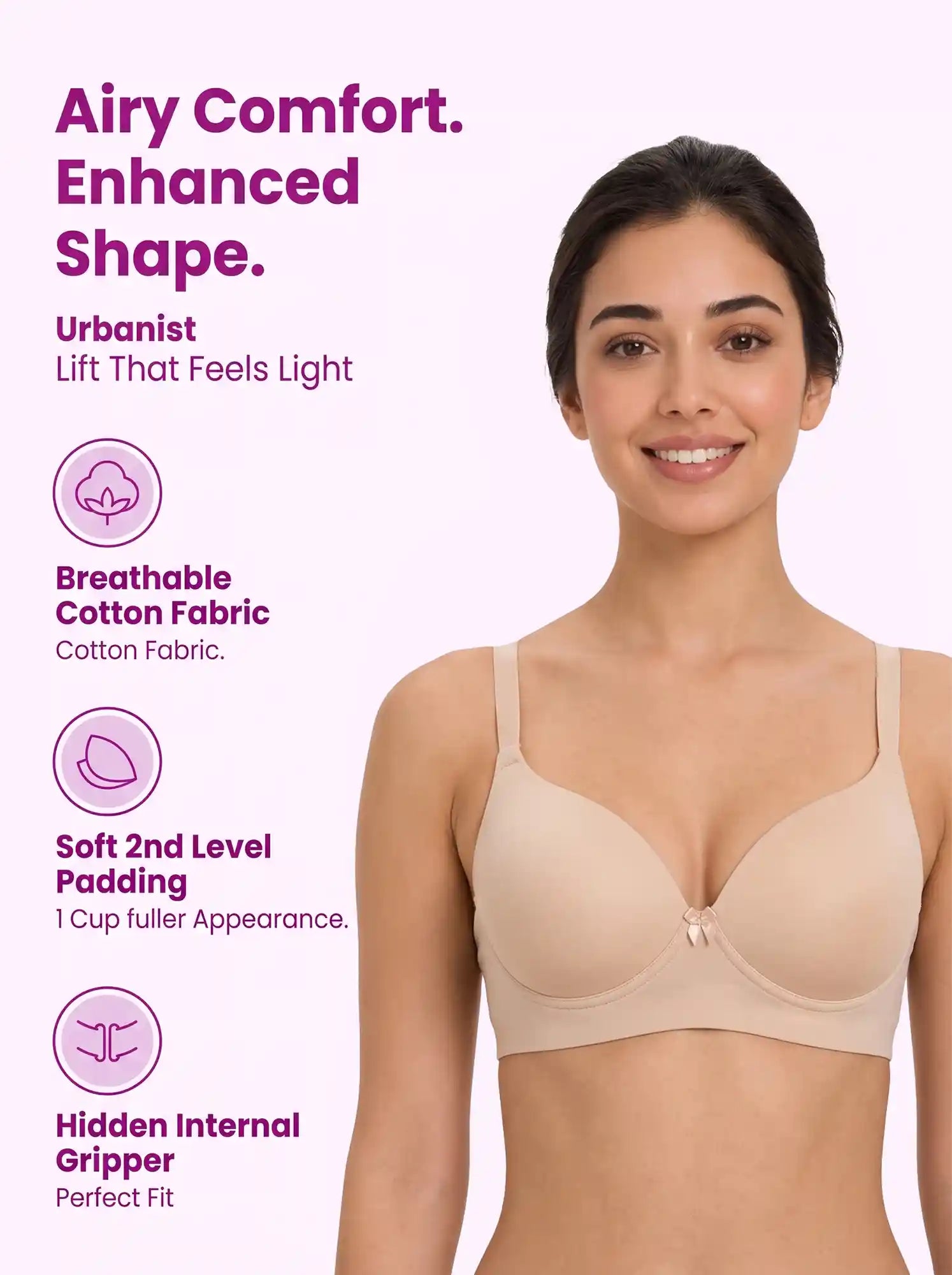 Cotton Level-2 Padded Push-Up Maximiser Bonded Bra | 3/4th Coverage | Wire-free Seamless Comfort (PAL-SB-7015) (Skin)