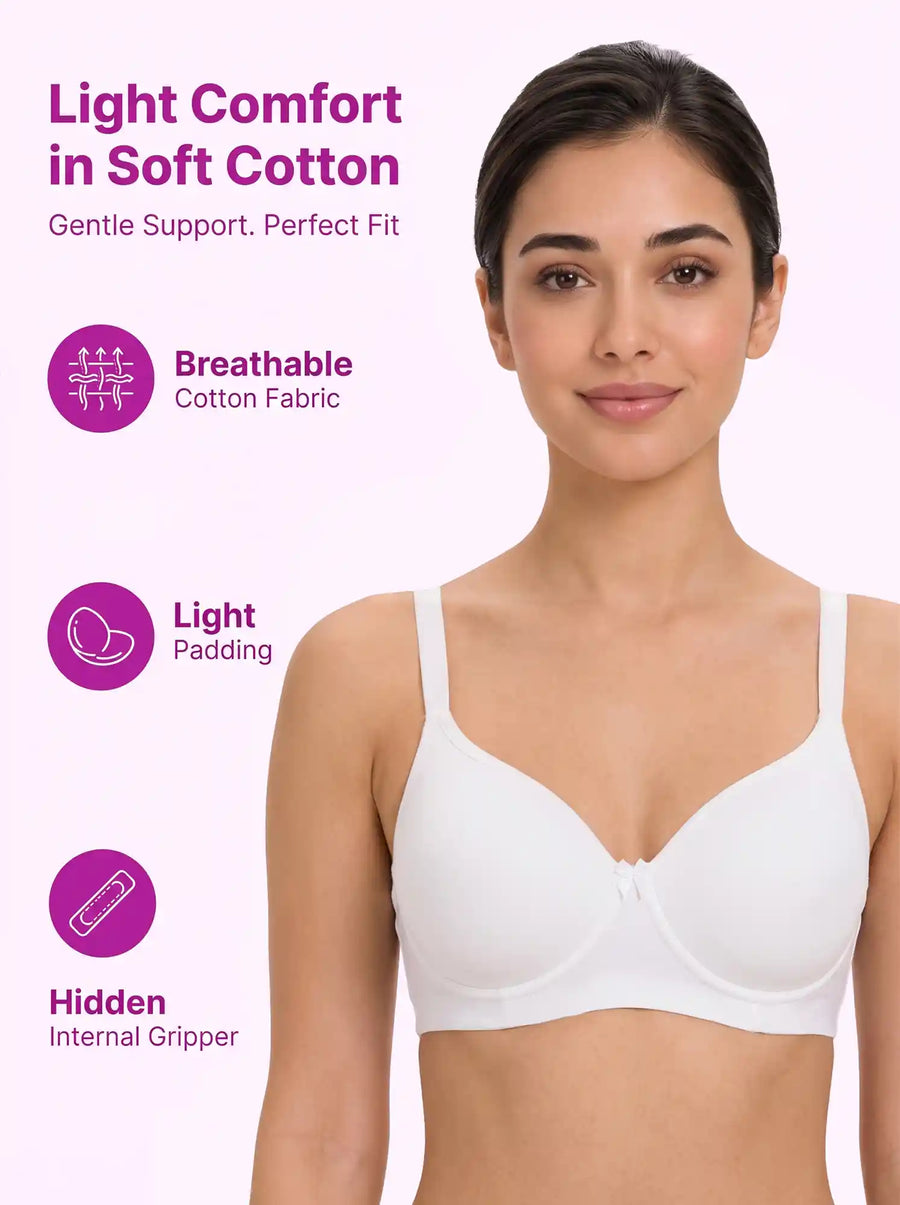Cotton Padded Full Coverage Bonded T-Shirt Bra | No-Marks, No Rashes (PAL-1013)(White)