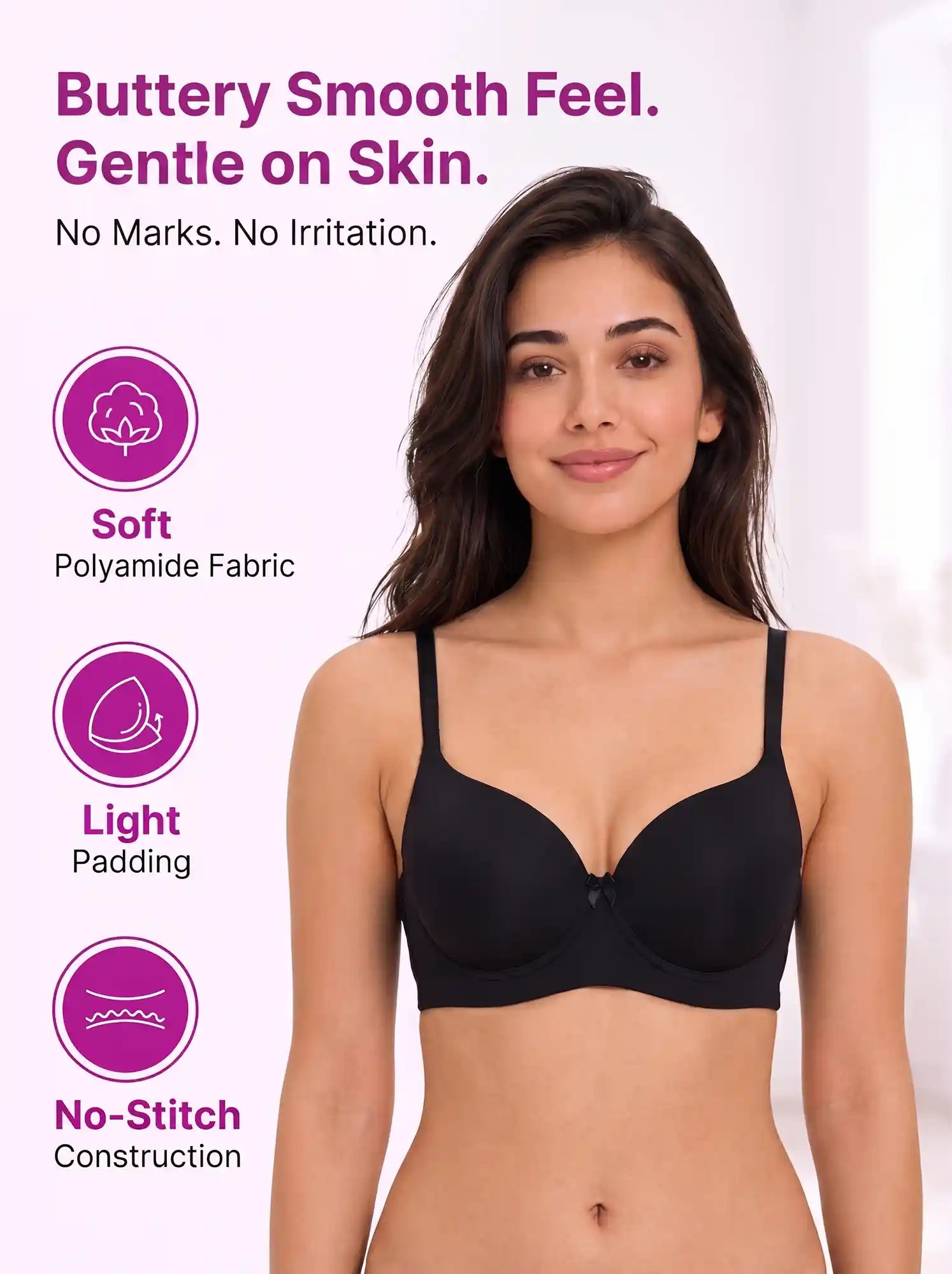 Polyamide Level-1 Padded Full Coverage Bonded T-Shirt Bra | Wire-free Comfort, No-Marks, No Rashes (PAL-5991) (Black)