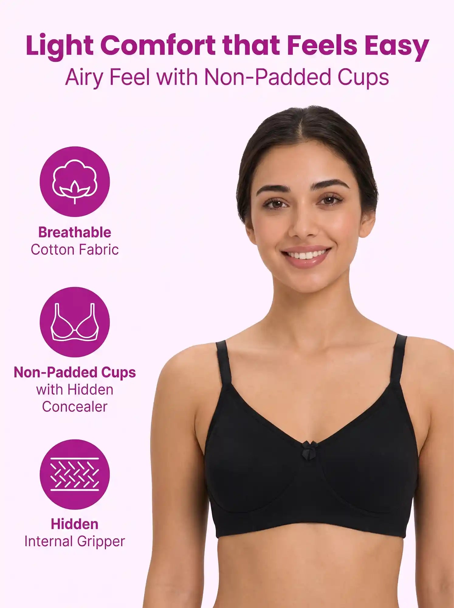 Cotton Non-Padded Full Coverage Bonded T-Shirt Bra | No-Marks, No Rashes (PAL-352) (Black)