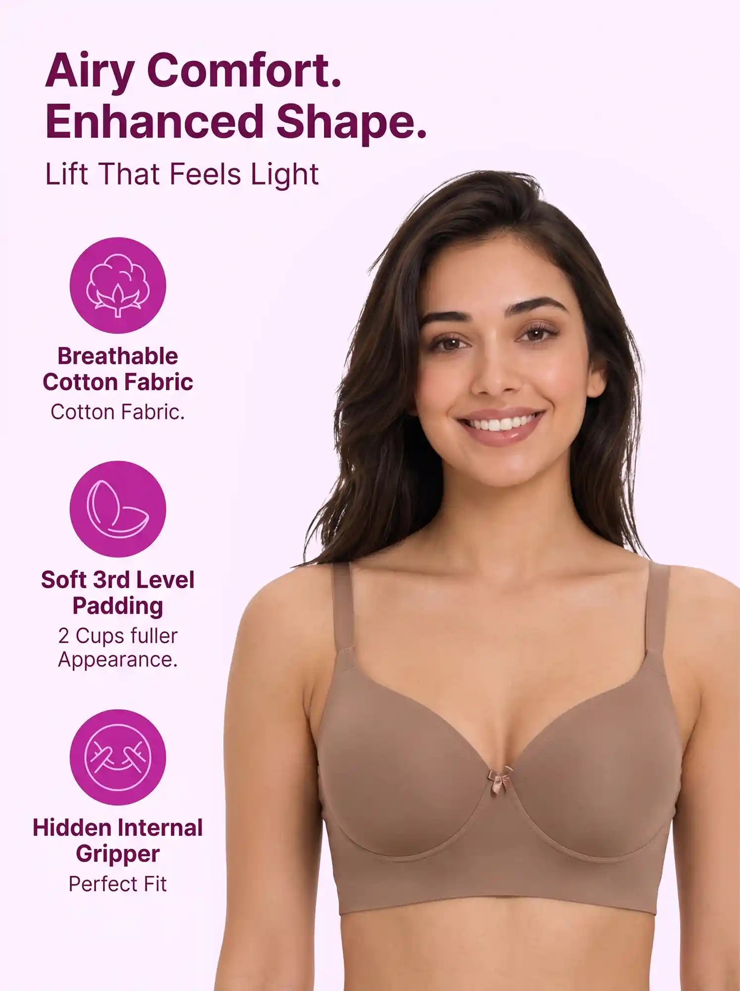 Cotton Level-3 Padded Push-Up Bonded Bra | 3/4th Coverage | Wire-free Seamless Comfort (PAL-SB-3510) (Fawn)