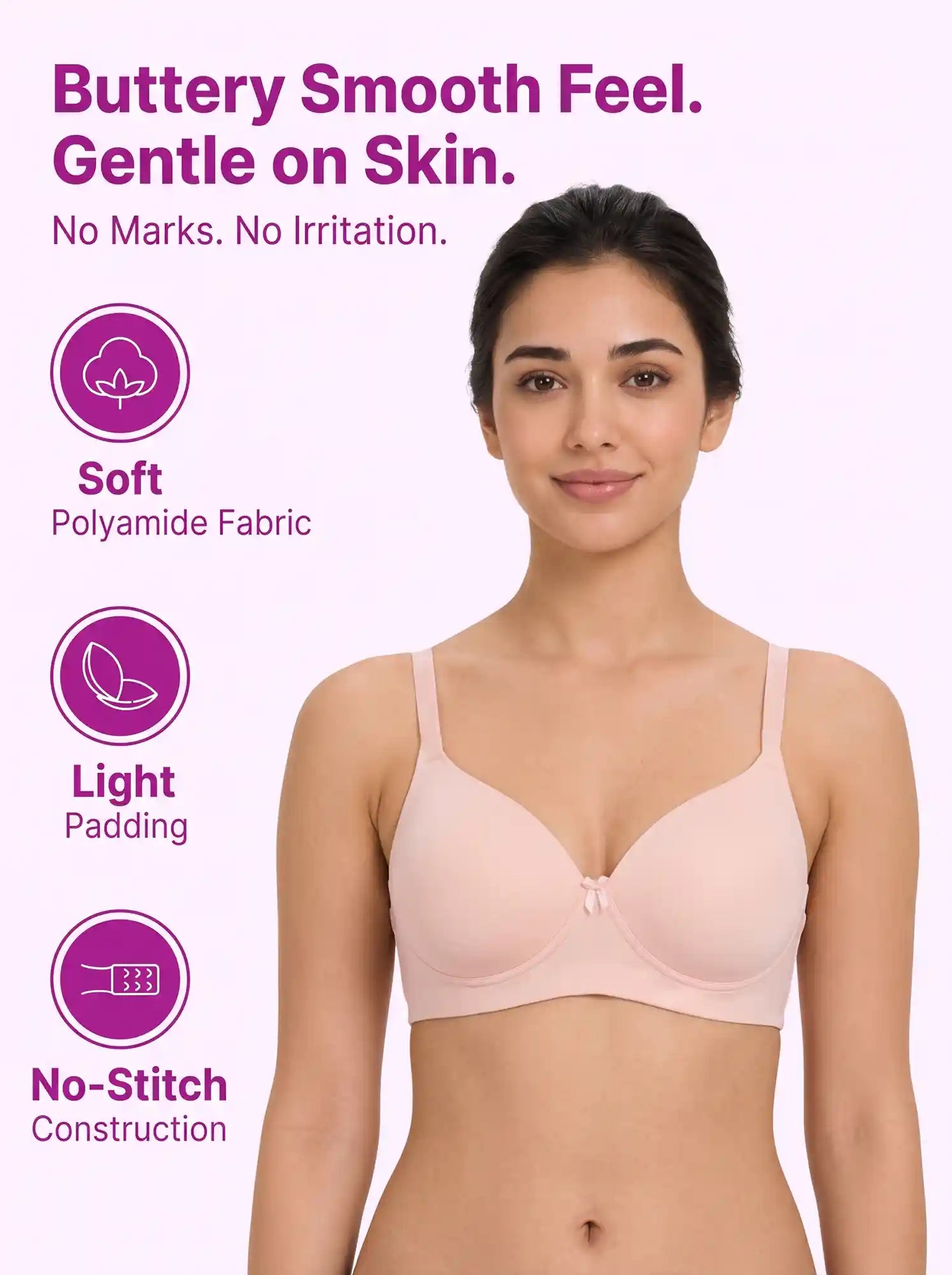 Polyamide Level-1 Padded Full Coverage Bonded T-Shirt Bra | Wire-free Comfort, No-Marks, No Rashes (PAL-5991) (Peach)
