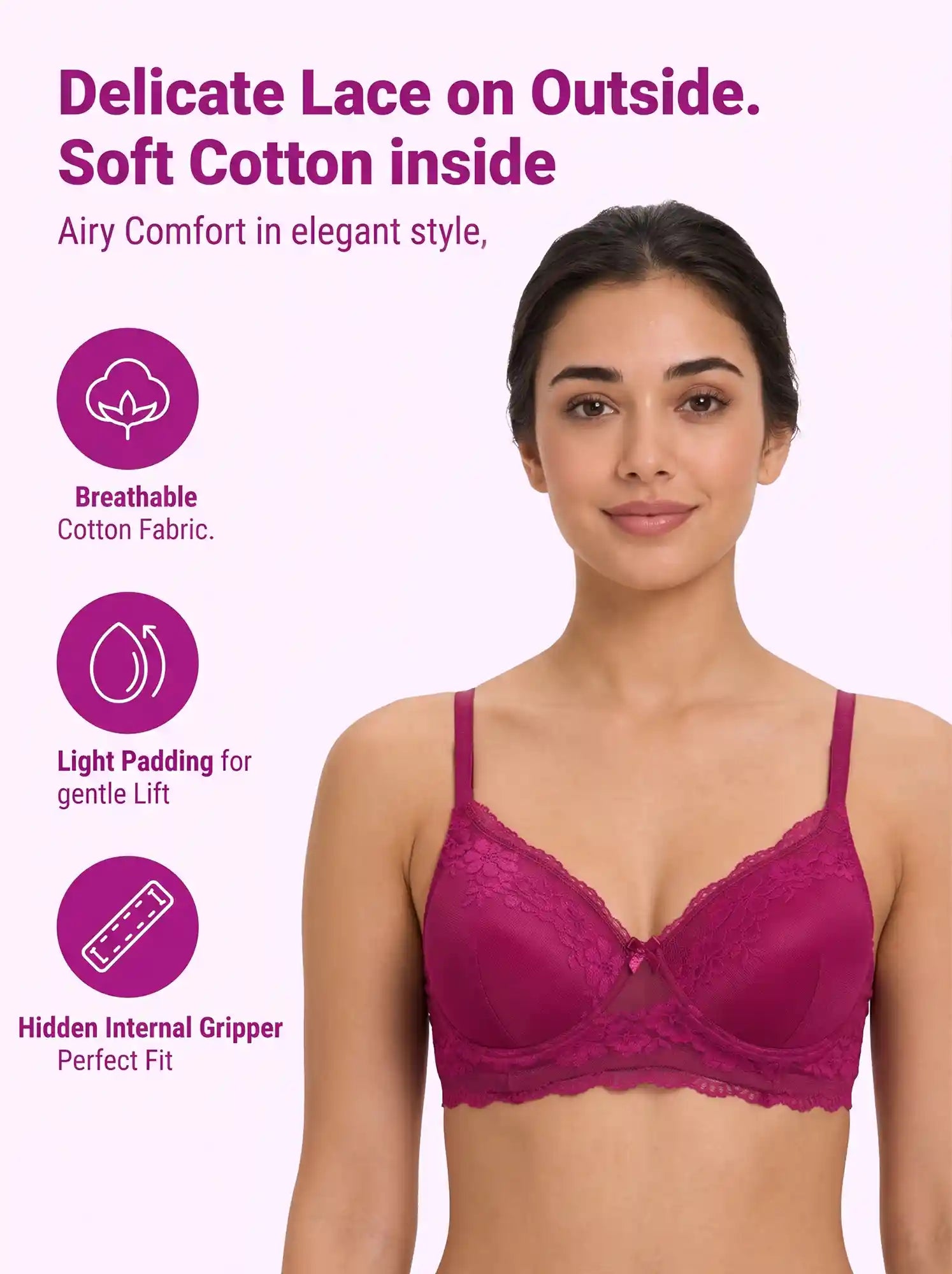 Cotton Padded Bonded Lace Bra | Inner Cotton Lining | Full Coverage | Wire-free Comfort (PAL-SB-5802) (Wine)