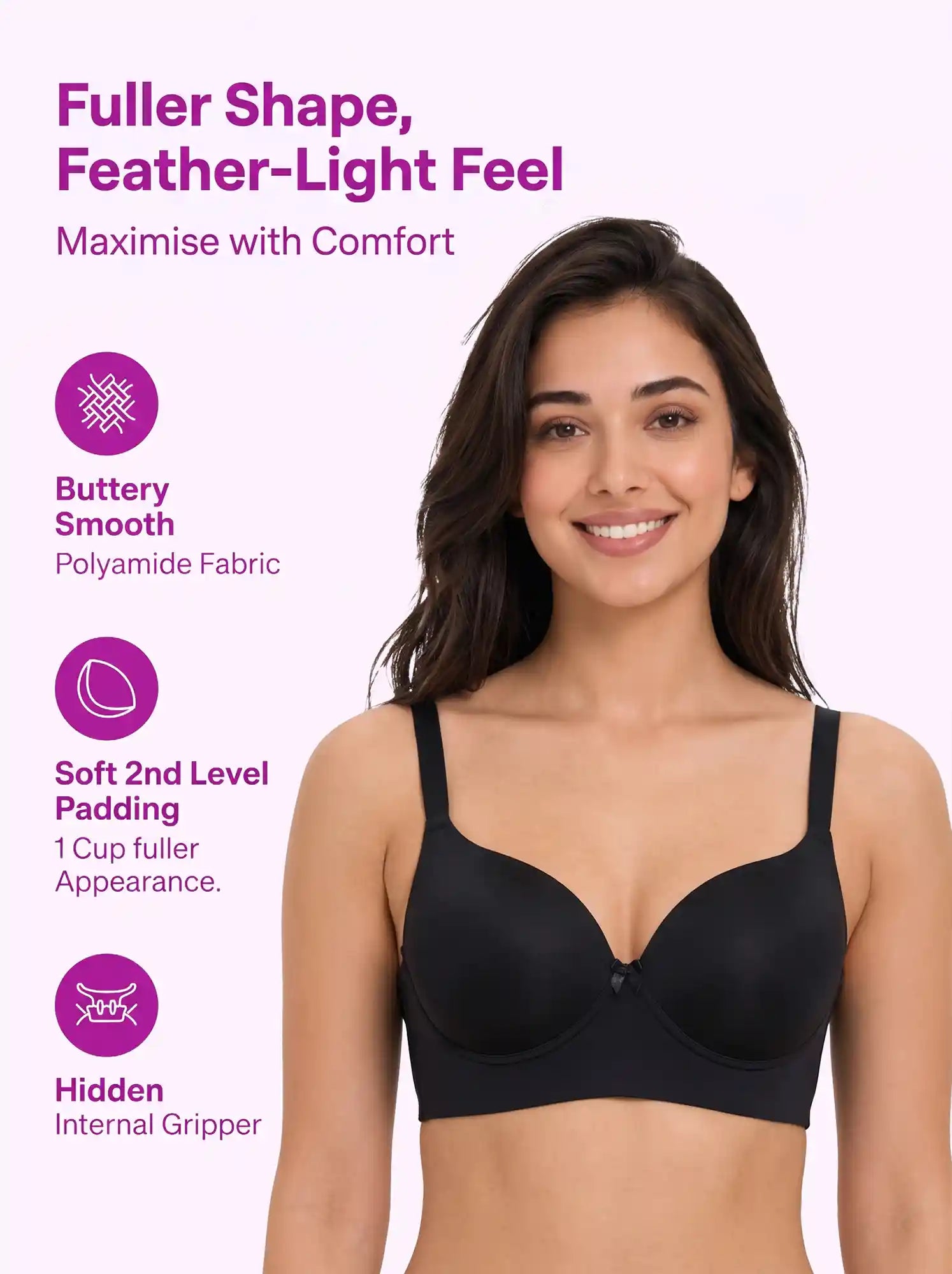 Polyamide Level-2 Padded Push-Up Maximiser Bonded Bra | 3/4th Coverage | Wire-free Comfort, No Marks, No Rashes PAL-IS-5107 (Black)