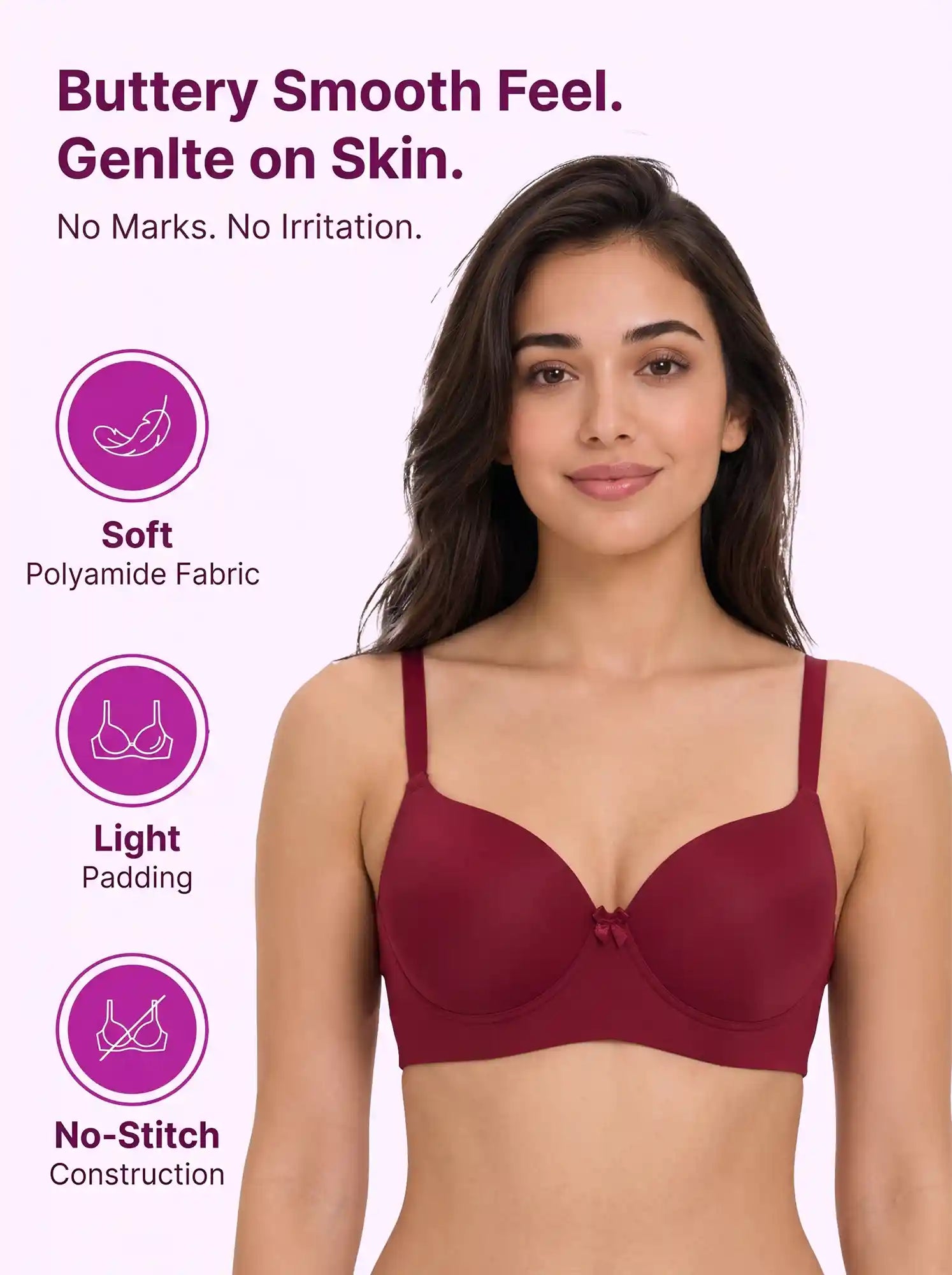 Polyamide Level-1 Padded Full Coverage Bonded T-Shirt Bra | Wire-free Comfort, No-Marks, No Rashes (PAL-5991) (Maroon)