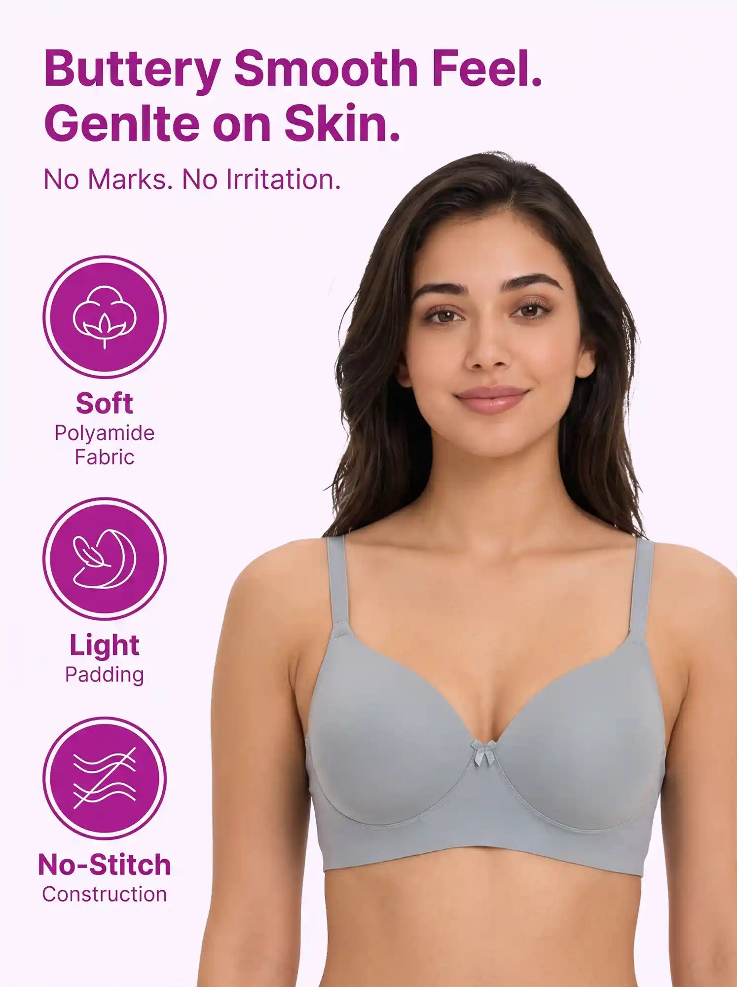 Polyamide Level-1 Padded Full Coverage Bonded T-Shirt Bra | Wire-free Comfort, No-Marks, No Rashes (PAL-5991) (Grey)