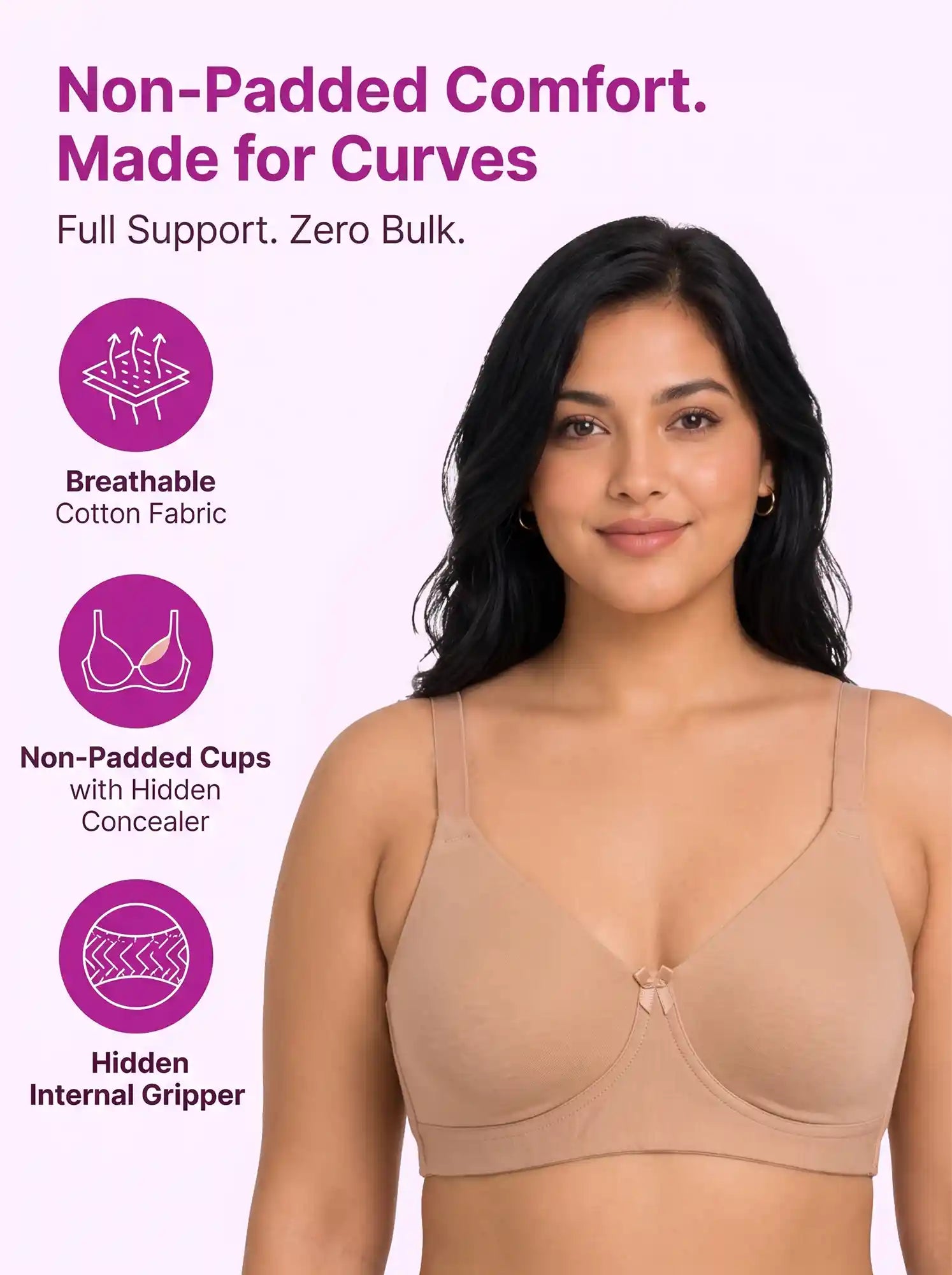 Cotton Non-Padded Plus-Size Full Coverage Bonded Bra | Broad Straps | Hidden Concealer (PAL-401) (Fawn)