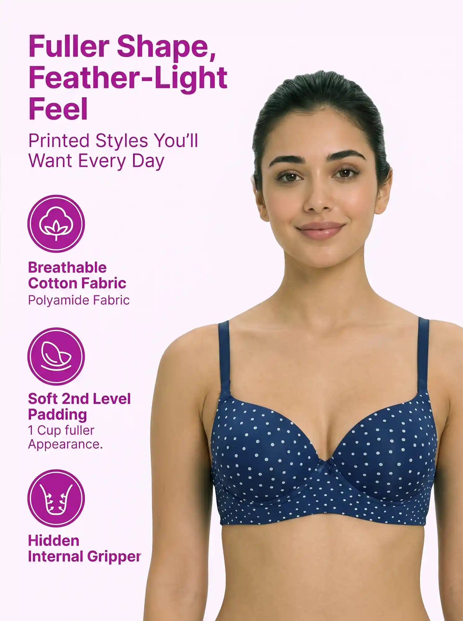 Printed Polyamide Level-2 Padded Push-Up Maximiser Bonded Bra | 3/4th Coverage | Wire-free Comfort, No Marks, No Poking (PAL-51752)